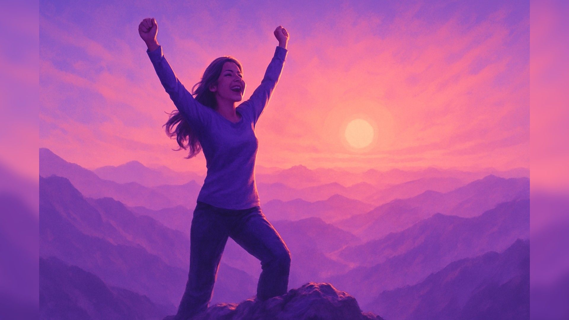 Donna sulla vetta della montagna con le braccia alzate — viso illuminato dall'alba, posa potente e vittoriosa