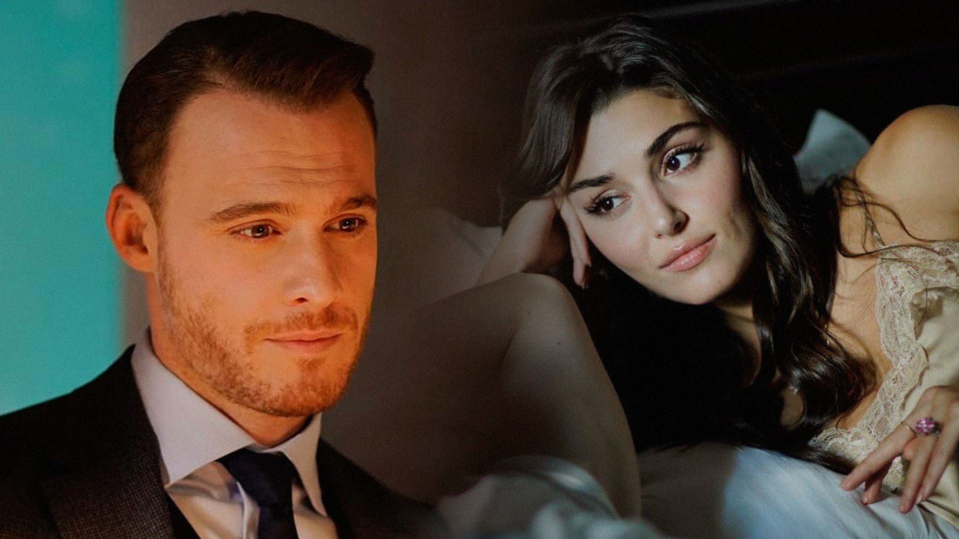 L'attore Kerem Bursin in una giacca nera e l'attrice Hande Ercel in una camicia da notte, sdraiata sul letto