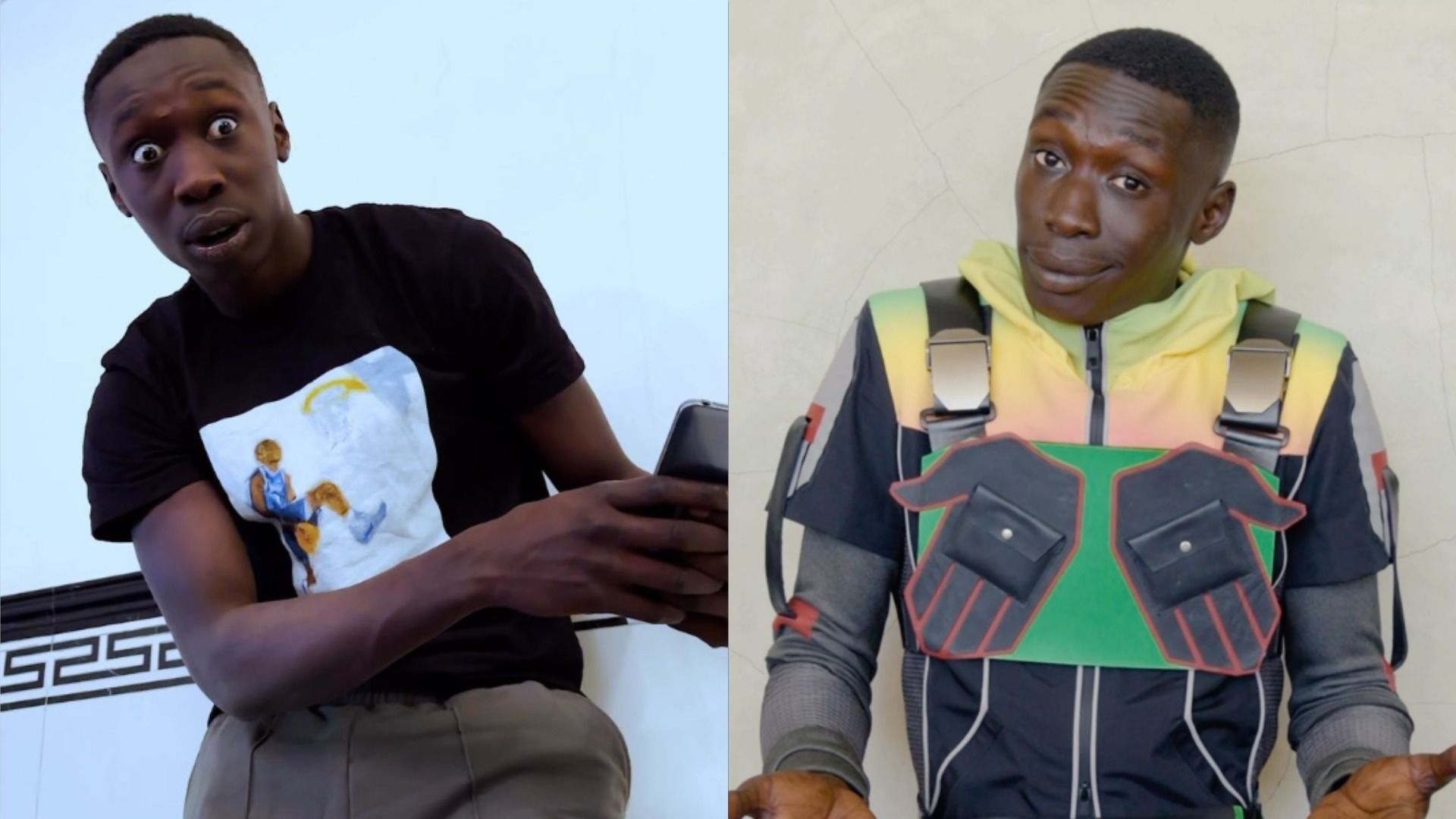 Il blogger Khaby Lame in maglietta nera guarda di lato con sorpresa