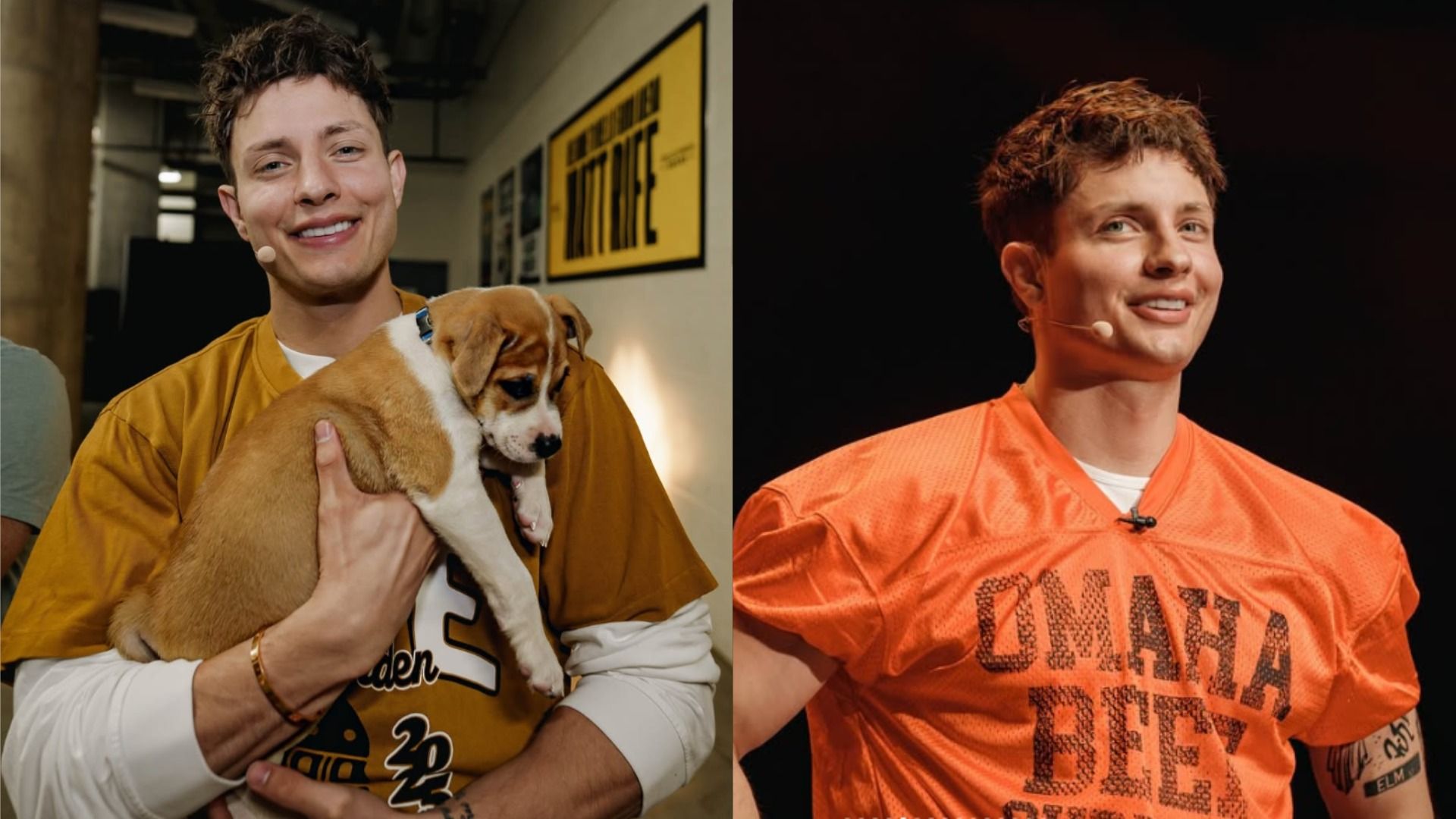 Il blogger Matt Rife tiene in braccio un cane mentre indossa una maglietta marrone