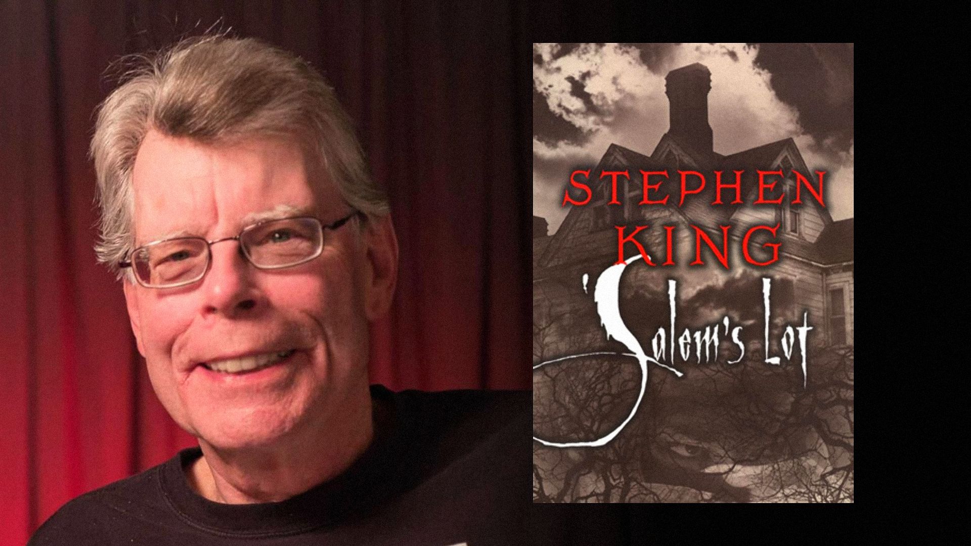 Scrittore Stephen King in una camicia nera contro uno sfondo rosso con un libro con una vecchia casa