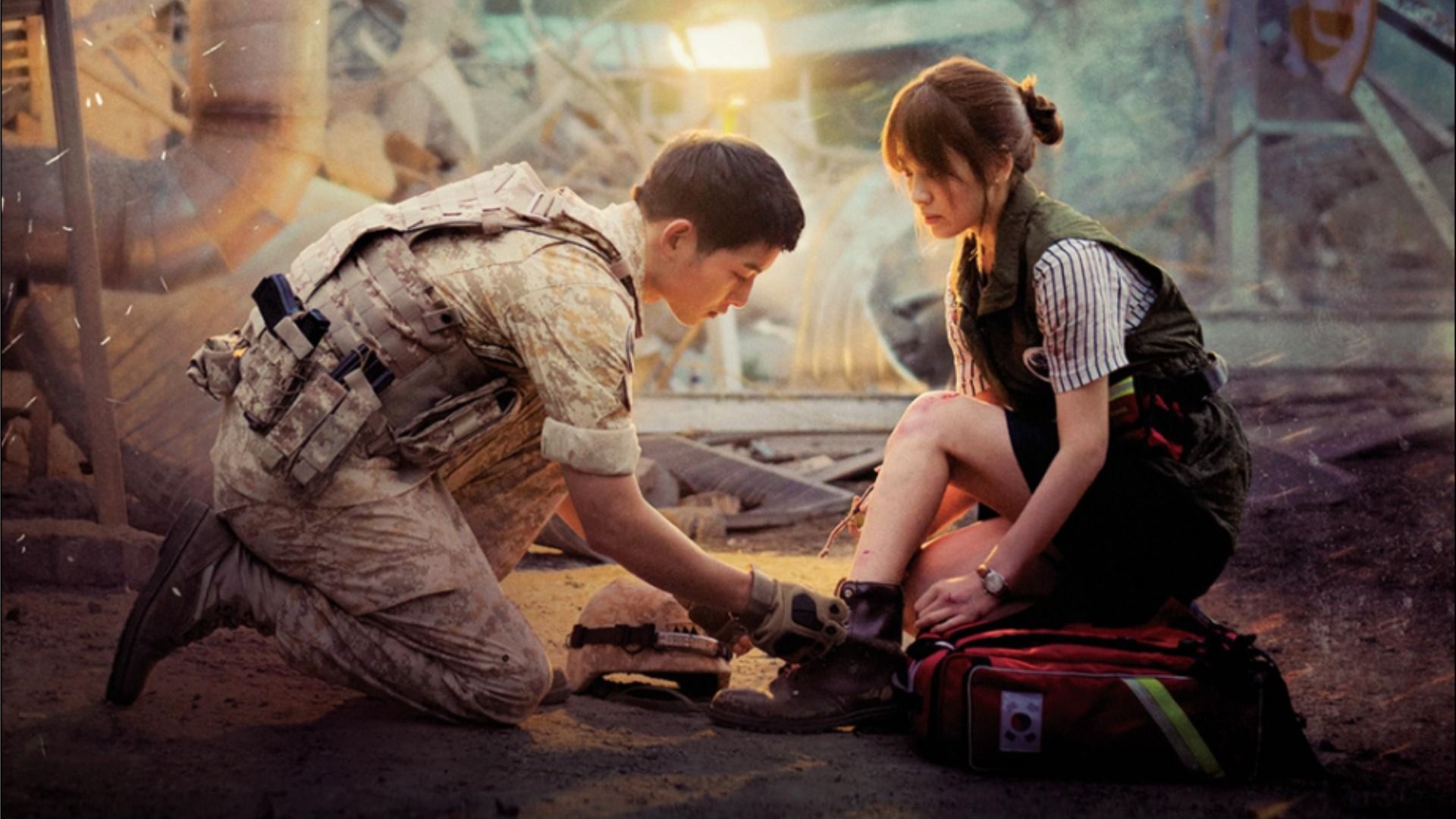 Un uomo in uniforme militare si è chinato verso la gamba della ragazza mentre lei lo guarda