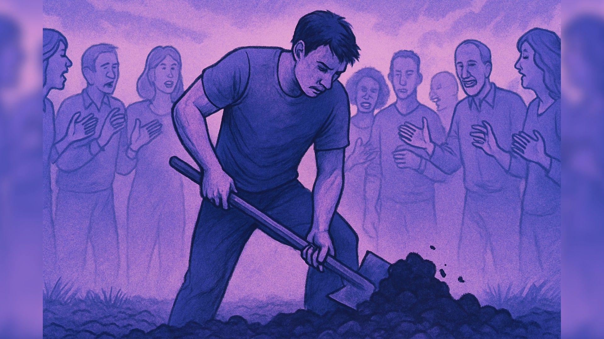 Un uomo con una pala sta scavando il terreno. Una folla di spettatori è intorno