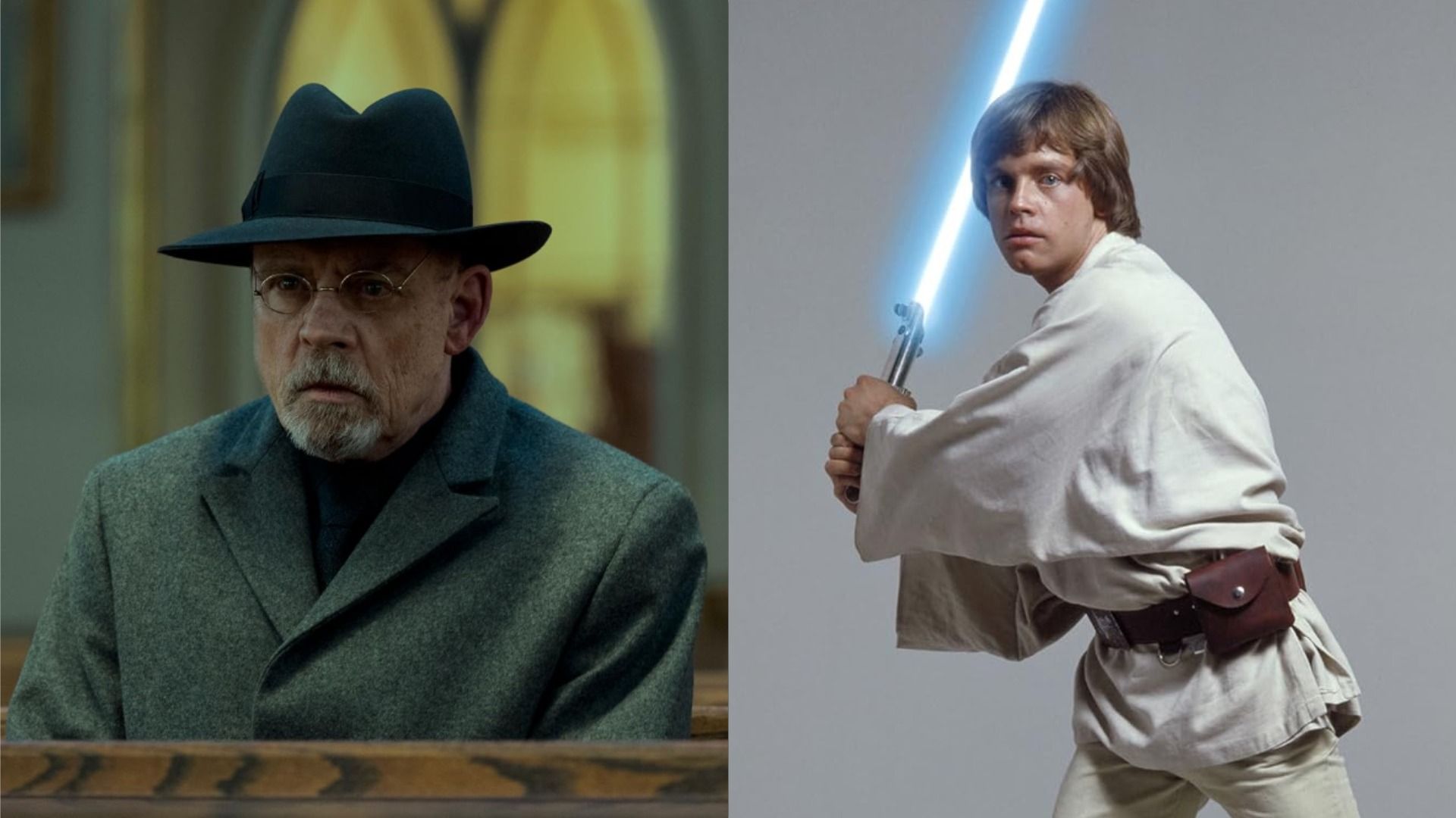 L'attore Mark Hamill con cappello e occhiali seduto su una panchina, a destra - lui con una spada laser e in abiti bianchi