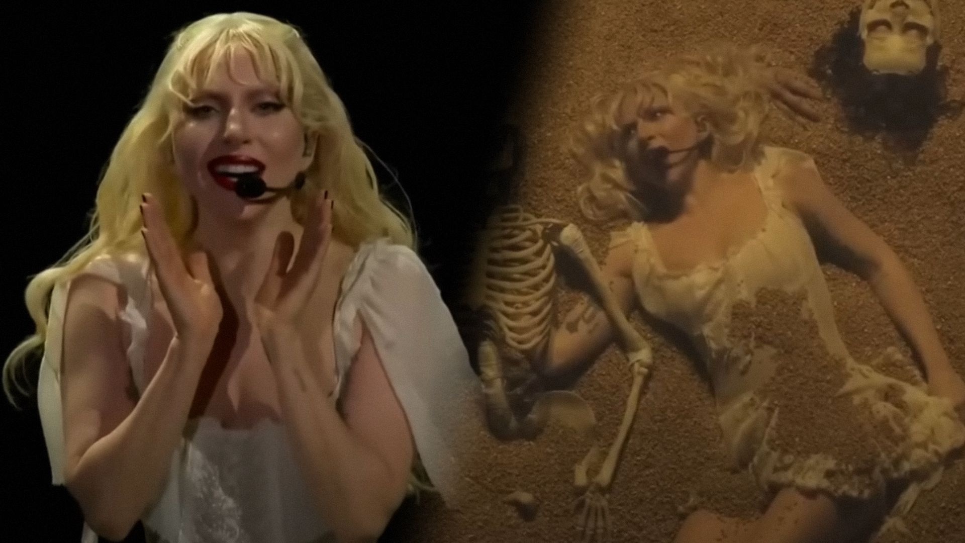 La cantante Lady Gaga in un vestito bianco con un microfono su uno sfondo nero e sorride