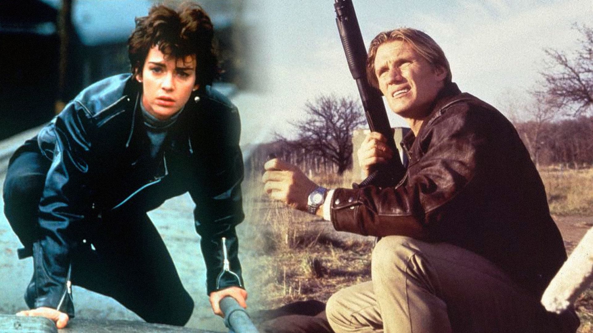 Una ragazza vestita di nero accovacciata e l'attore Dolph Lundgren con un'arma in mano che guarda di lato