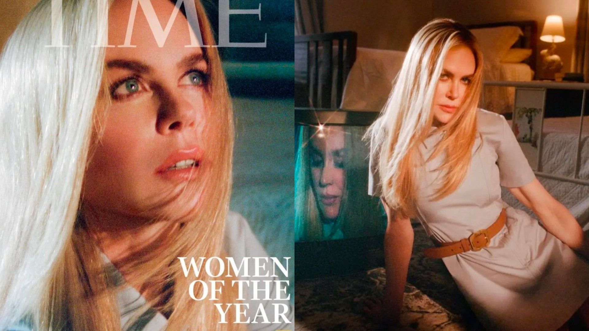 Collage di foto di Nicole Kidman, a sinistra è in copertina su Time magazine, a destra posa sul pavimento in un abito beige