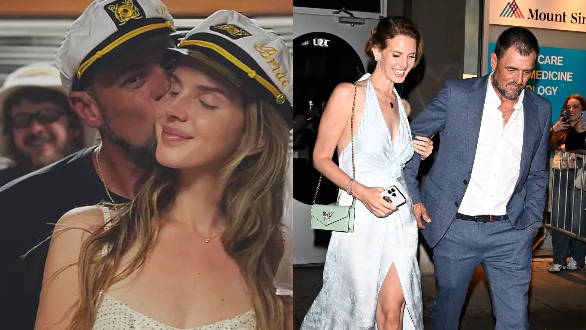 Lana Del Rey e il marito Jeremy Dufrene, a sinistra un uomo bacia una donna con berretto da capitano, a destra la coppia cammina insieme, lei in abito chiaro, lui in giacca