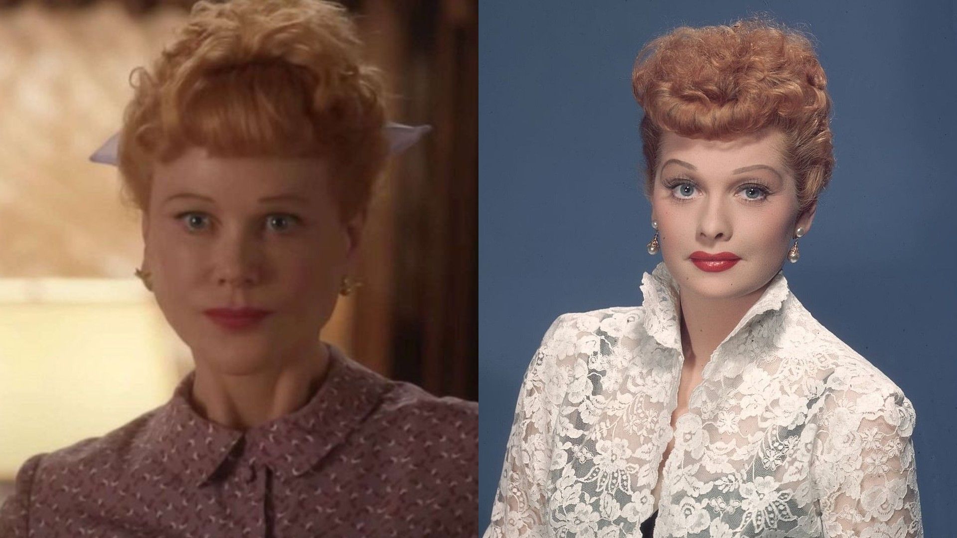A sinistra Nicole Kidman truccata da Lucille Ball, a destra un ritratto di Lucille Ball