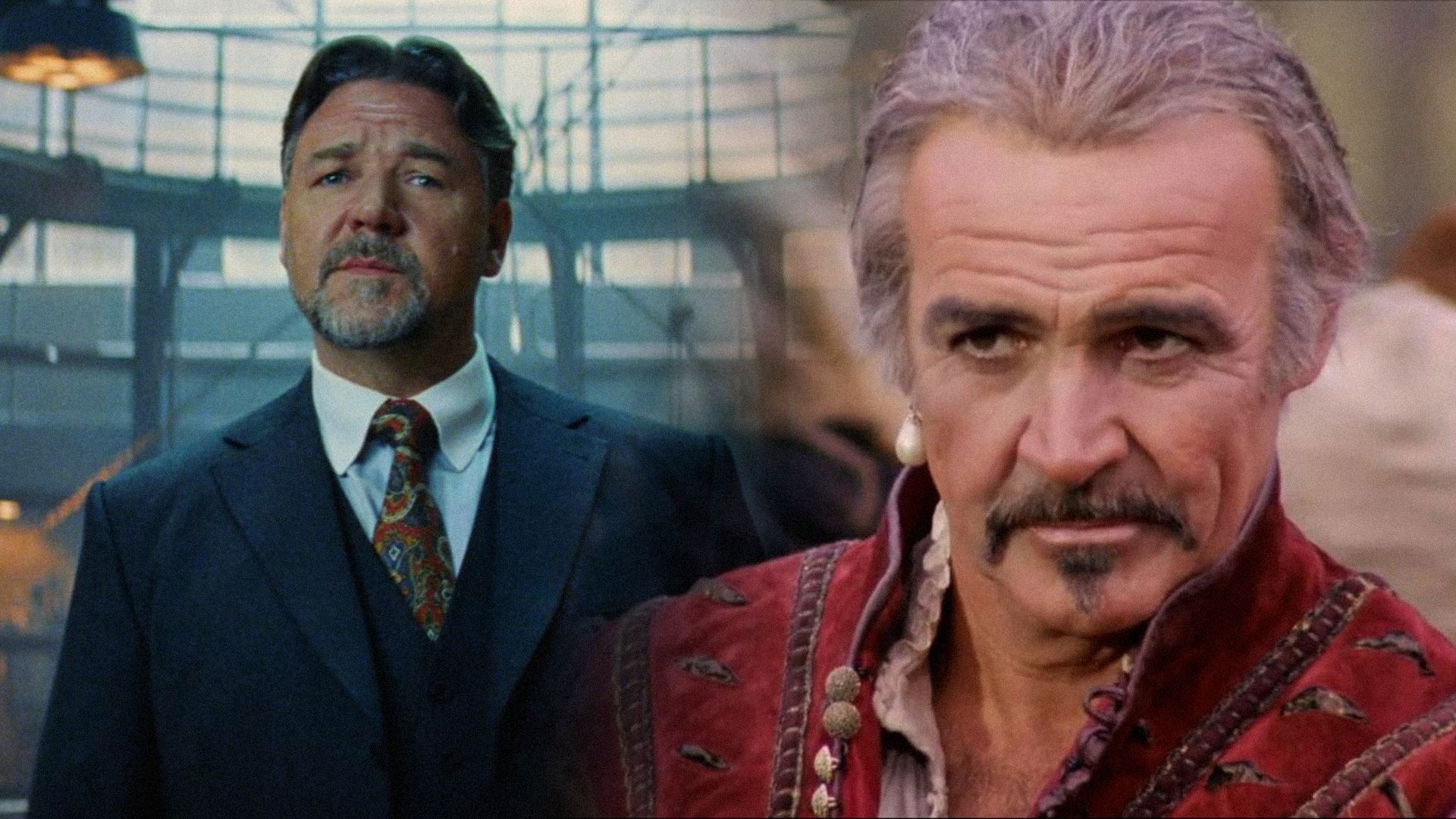 L'attore Russell Crowe in abito nero che guarda la telecamera e l'attore Sean Connery nei panni dell'egiziano Ramirez