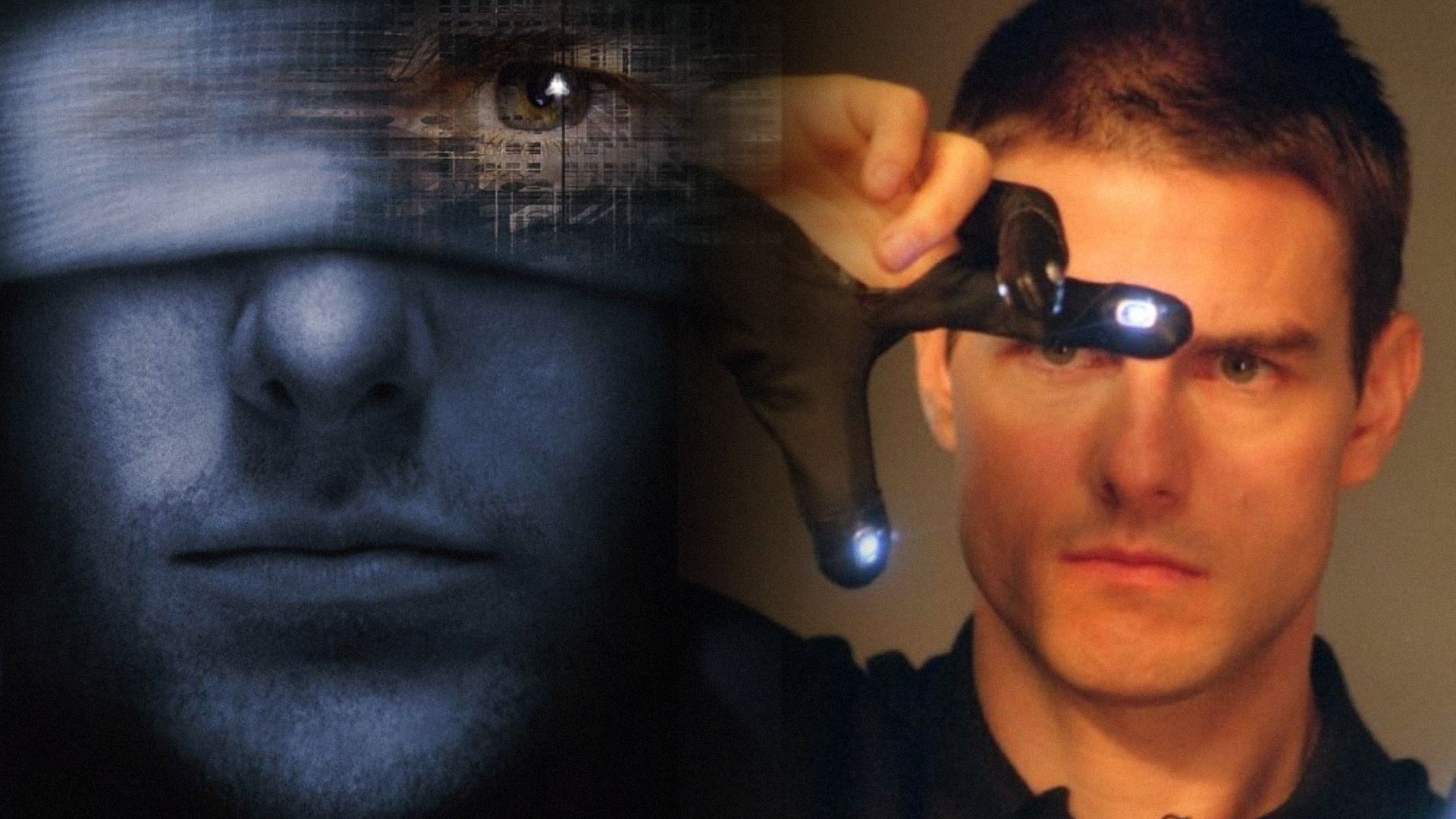 L'attore Tom Cruise con guanti neri dotati di sensori luminosi sulle dita