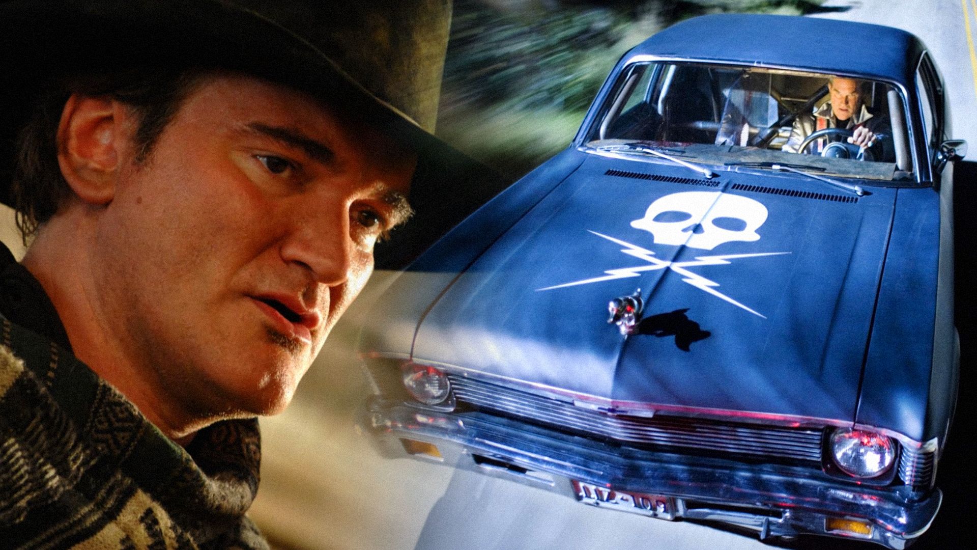 Il regista Quentin Tarantino con un cappello e l'attore Kurt Russell al volante di un'auto blu