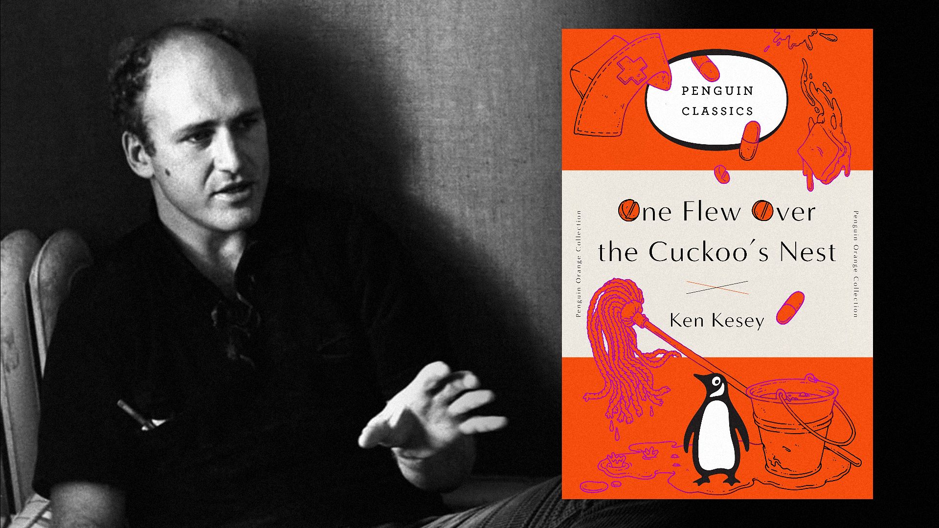 Lo scrittore Ken Kesey seduto vestito di nero, accanto alla copertina di un libro che mostra un secchio e uno spazzolone