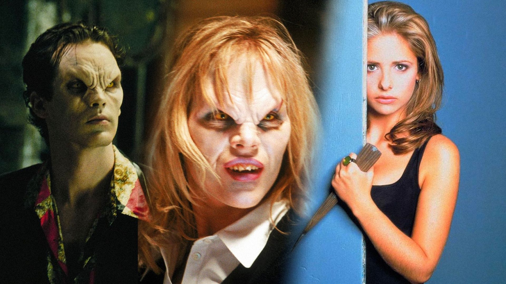 Uomo e donna in costumi da vampiro con occhi gialli, l'attrice Sarah Michelle Gellar che tiene un paletto