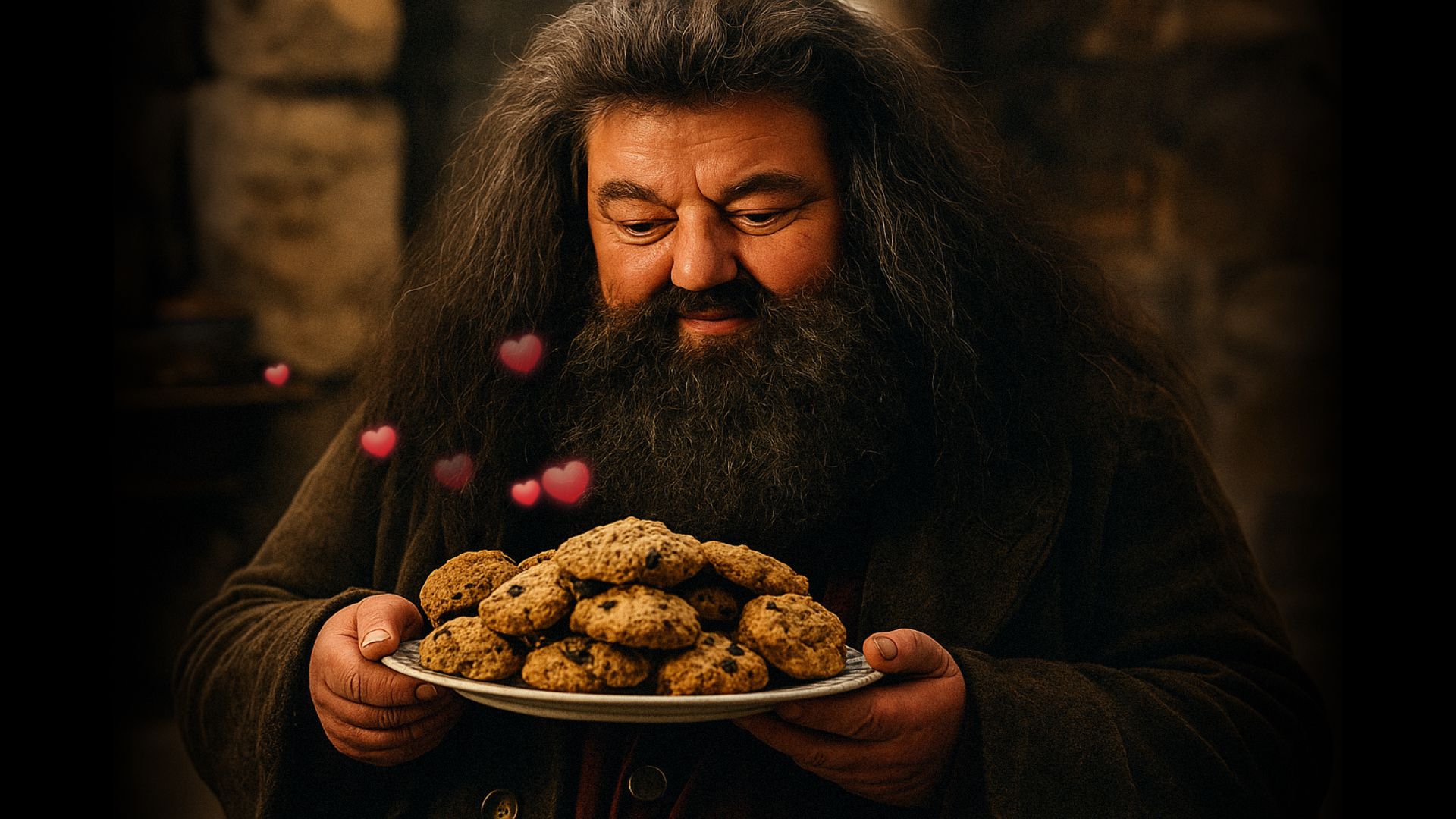 Un uomo con una folta barba che tiene un piatto di biscotti e sorride