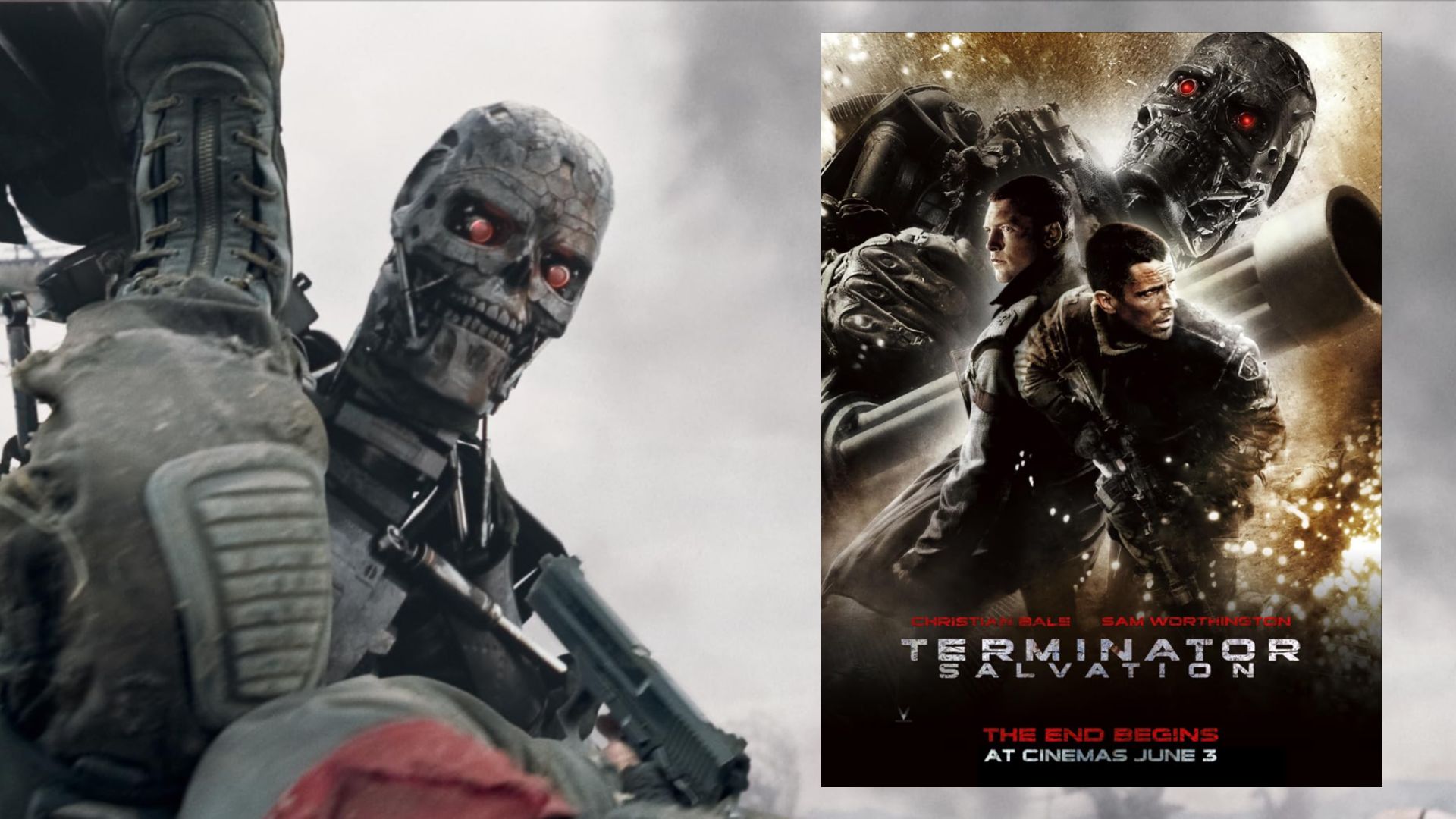 Robot Terminator argentato contro uno sfondo di cielo e poster del film con Christian Bale in piedi con un'arma