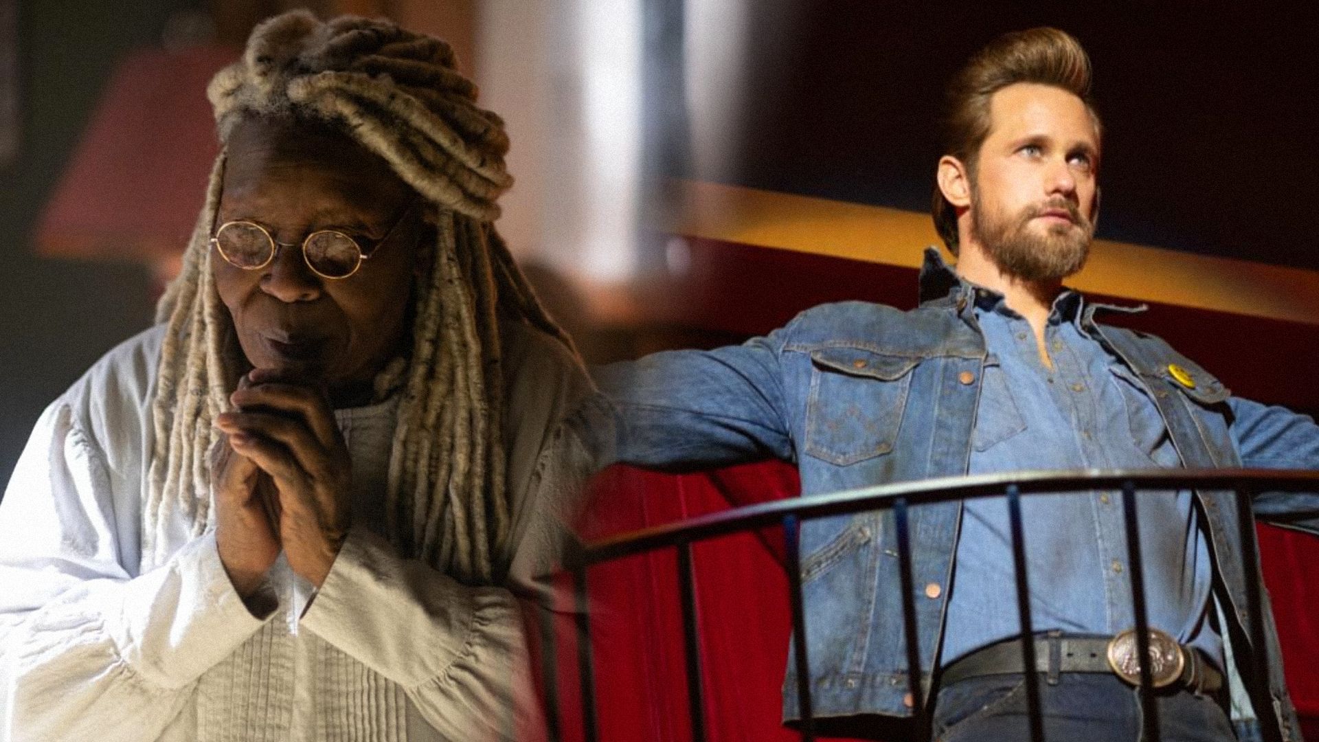 L'attrice Whoopi Goldberg in abiti bianchi e l'attore Alexander Skarsgård in una giacca di jeans