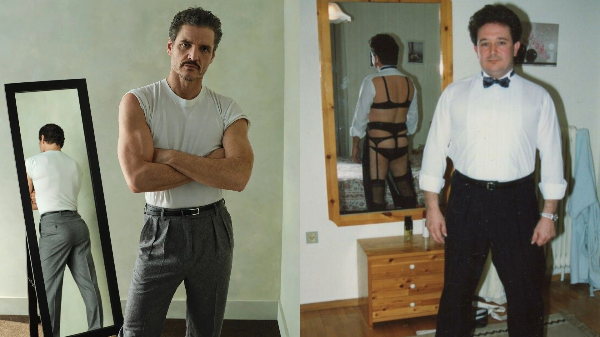 A sinistra Pedro Pascal sta con le braccia incrociate contro uno sfondo di specchi dove si riflette la sua schiena, a destra un uomo in camicia bianca classica e papillon sta di fronte alla telecamera mentre si riflette nello specchio indossando lingerie femminile