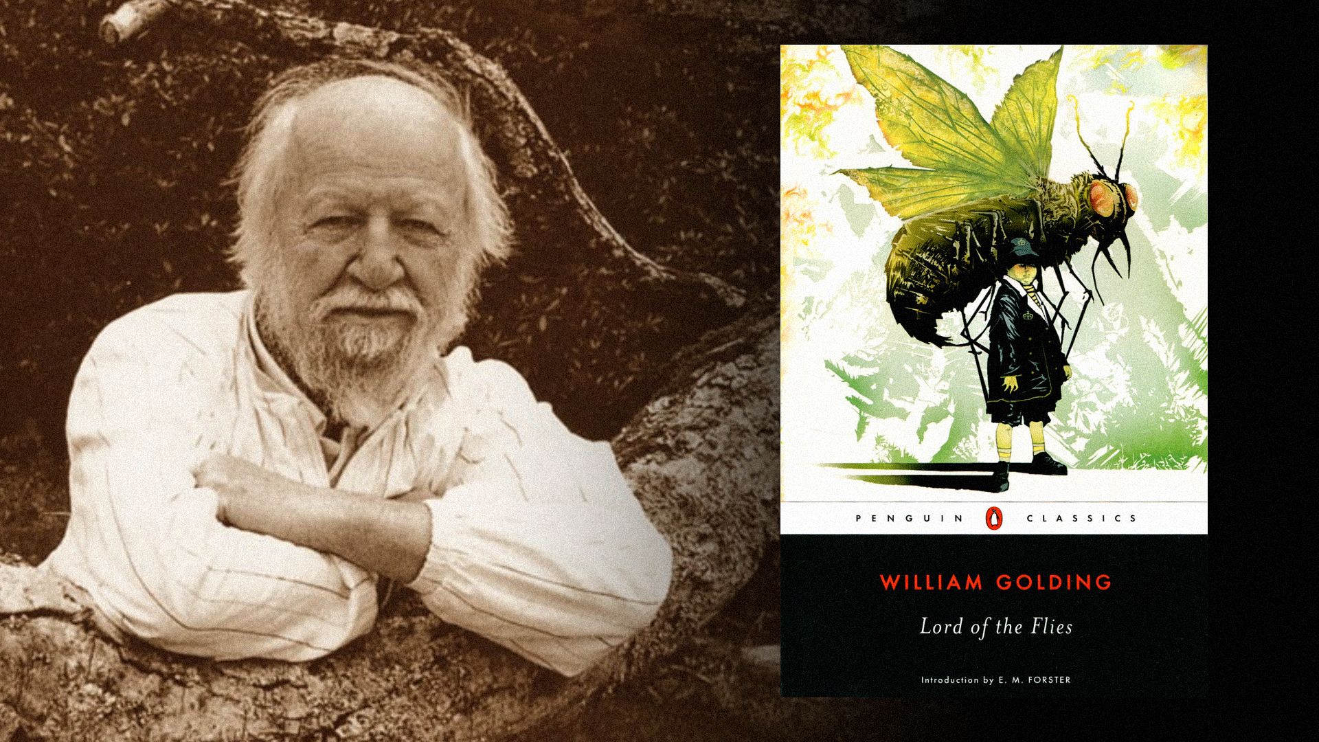 Lo scrittore William Golding in piedi accanto a un albero, vicino alla copertina di un libro che mostra una grande mosca e un ragazzo