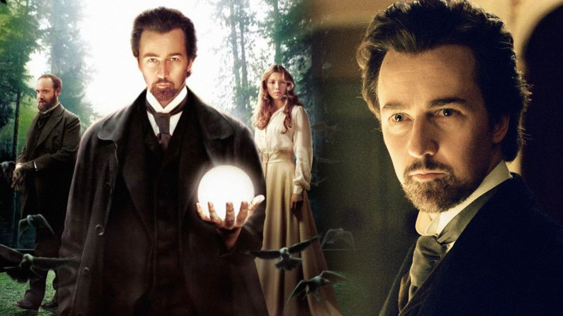 L'attore Edward Norton in un abito nero d'epoca tiene in mano una sfera luminosa