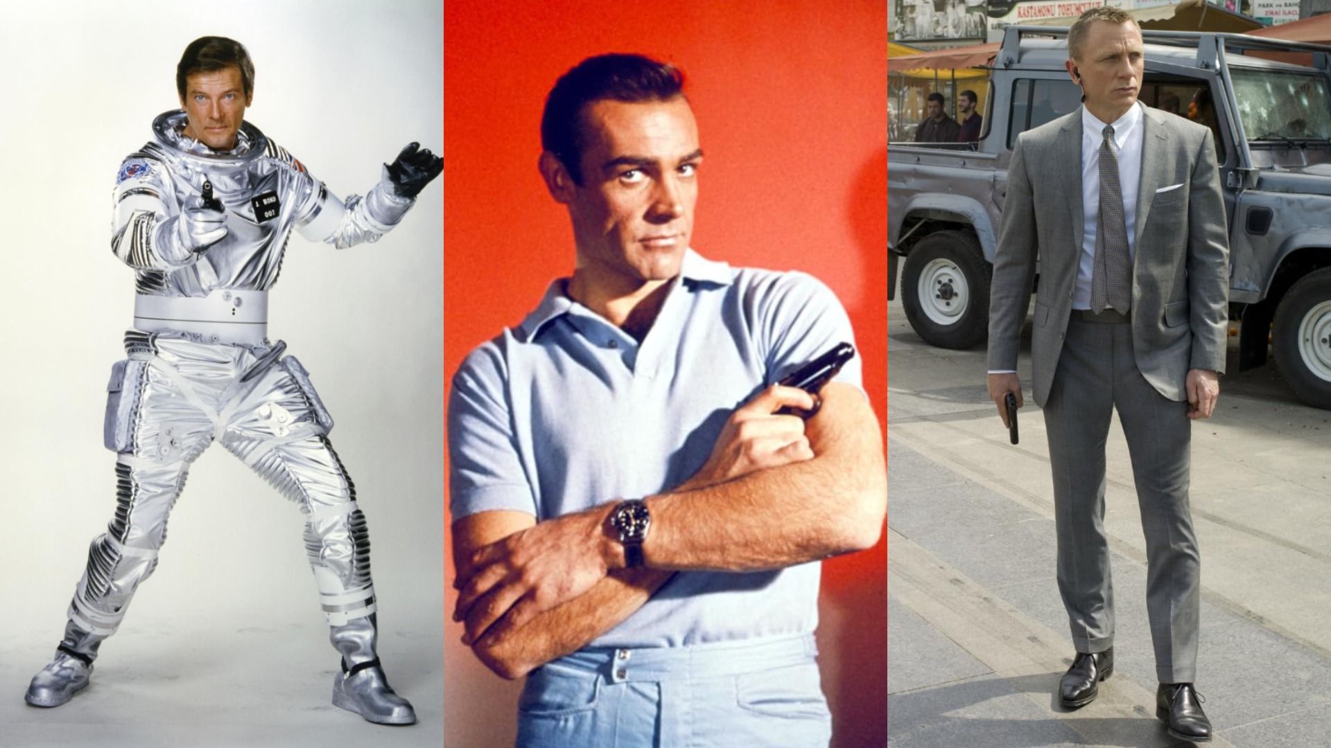 L'attore Roger Moore in tuta spaziale, l'attore Sean Connery con una pistola, l'attore Daniel Craig in abito grigio