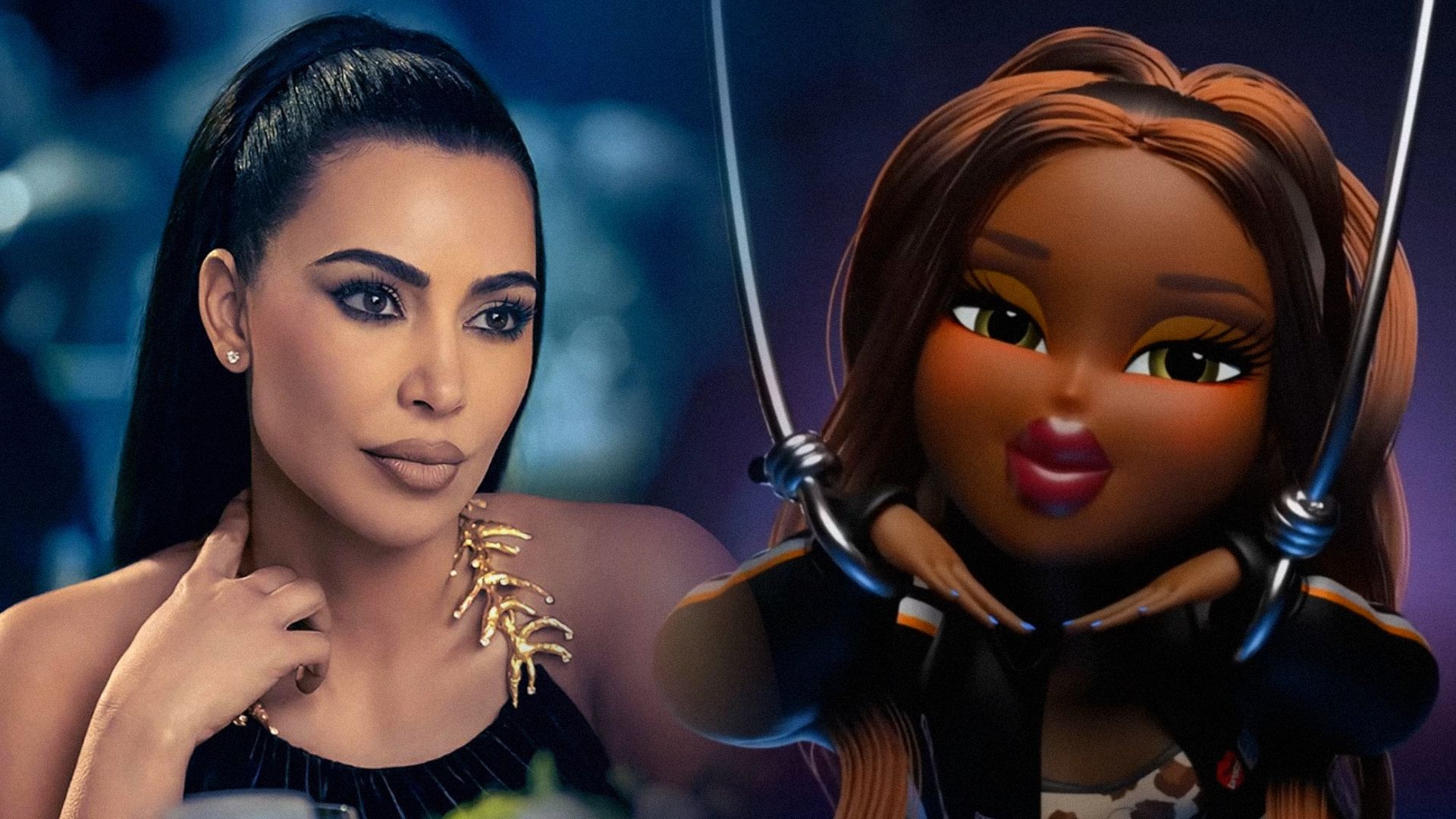 L'attrice Kim Kardashian in abito nero su sfondo blu, bambola Bratz in outfit nero