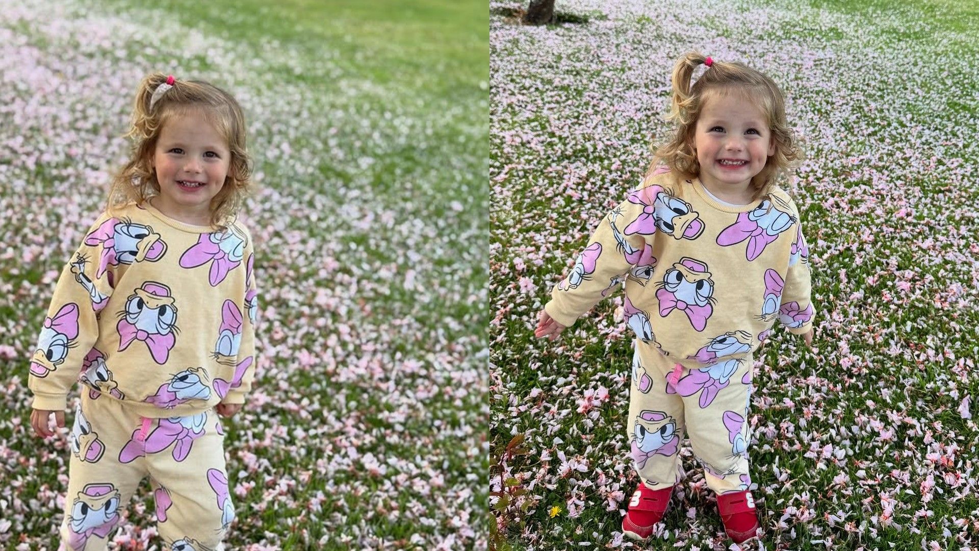 Collage di due foto di una bambina in pigiama con Paperina