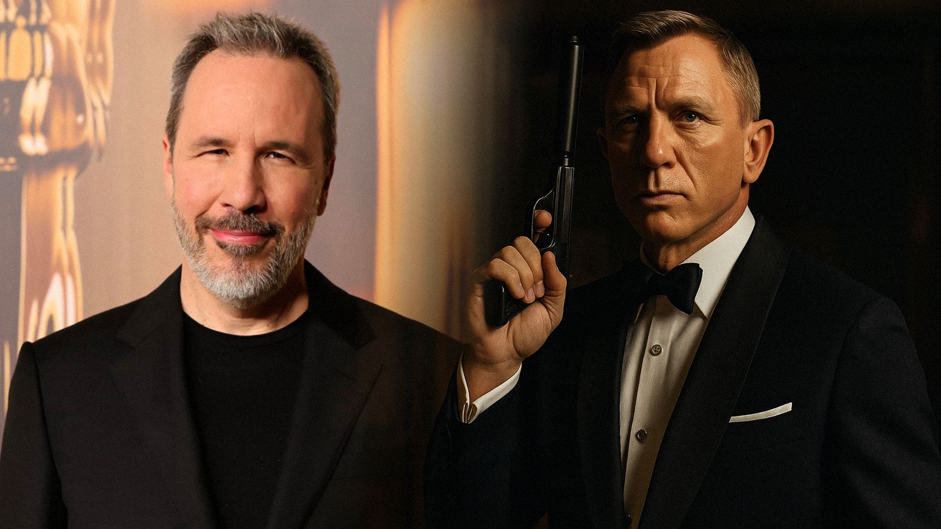 Il regista Denis Villeneuve in giacca nera, l'attore Daniel Craig in giacca nera con una pistola in mano