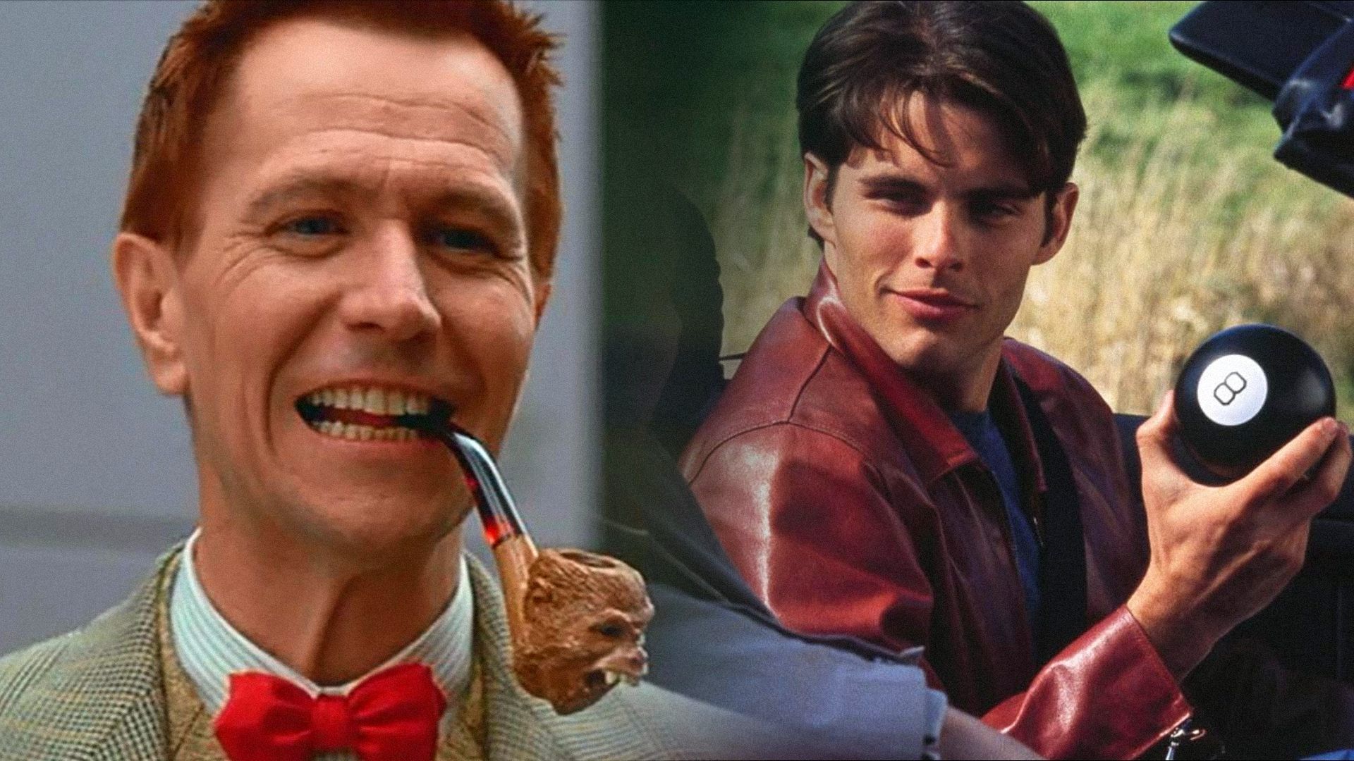 L'attore Gary Oldman sorride con una pipa in bocca, l'attore James Marsden siede in macchina con una palla nera in mano