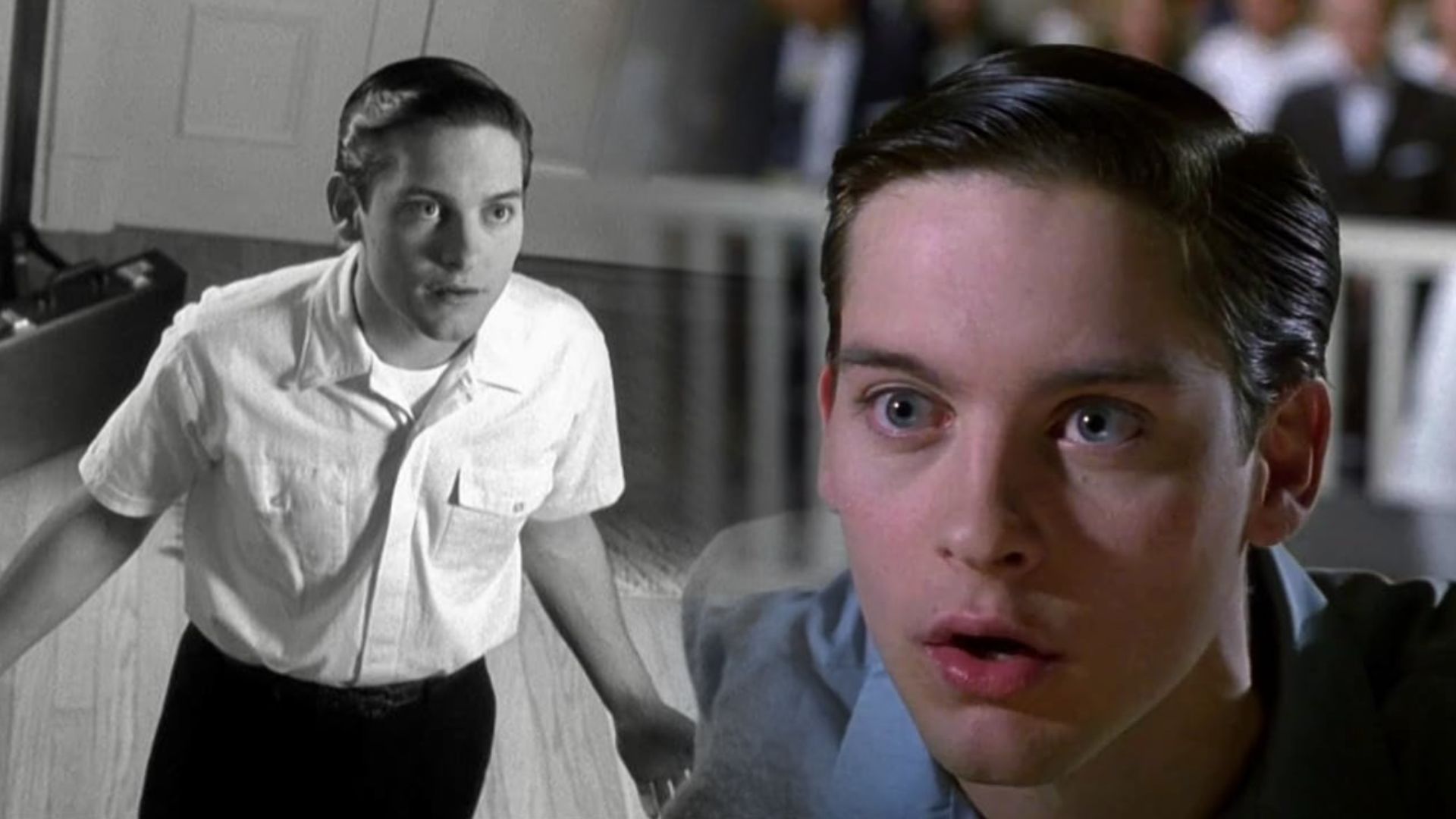 L'attore Tobey Maguire in camicia bianca in bianco e nero