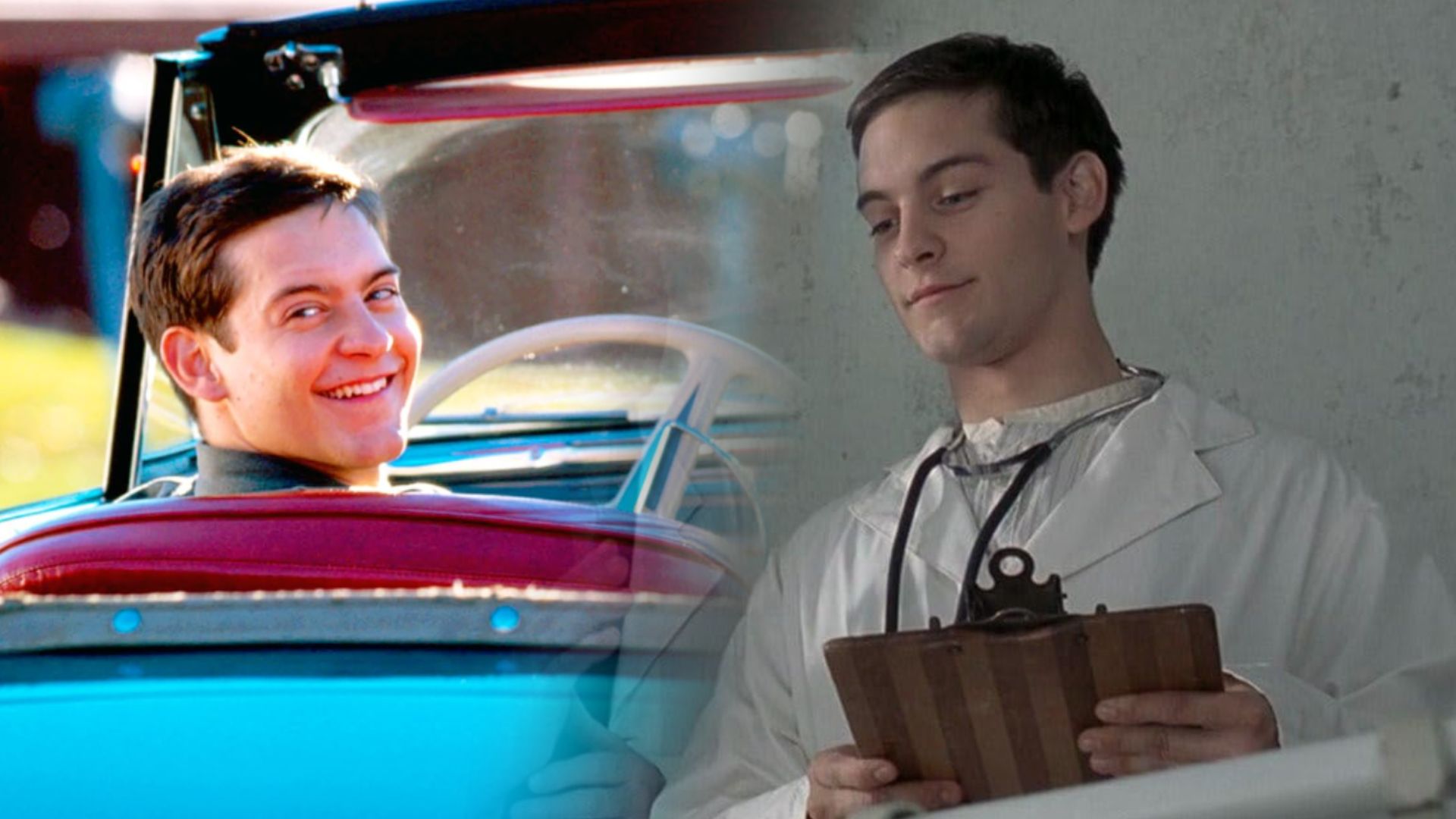 L'attore Tobey Maguire seduto al volante di un'auto e in piedi con una veste bianca