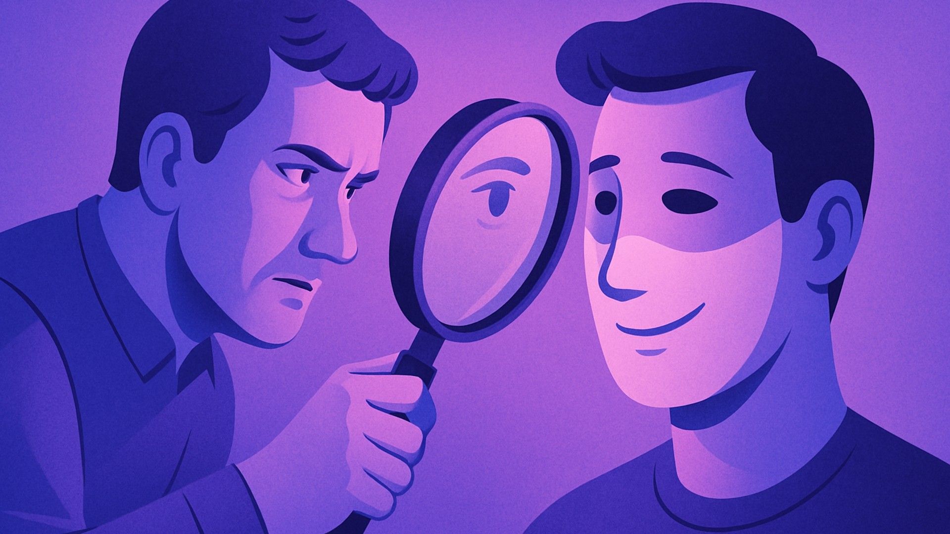 Una persona con una lente d'ingrandimento esamina il volto di un'altra persona