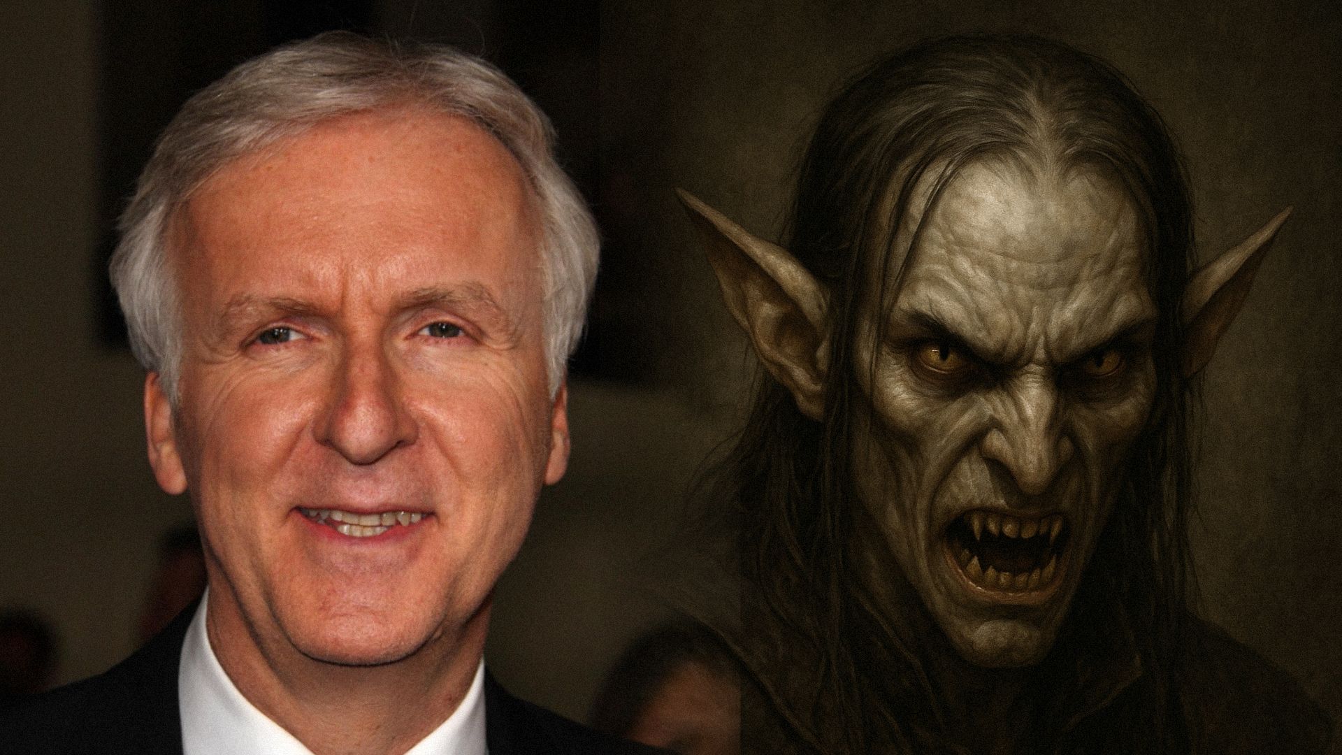 Il regista James Cameron sorride in un abito nero e un elfo malvagio con lunghe orecchie e zanne