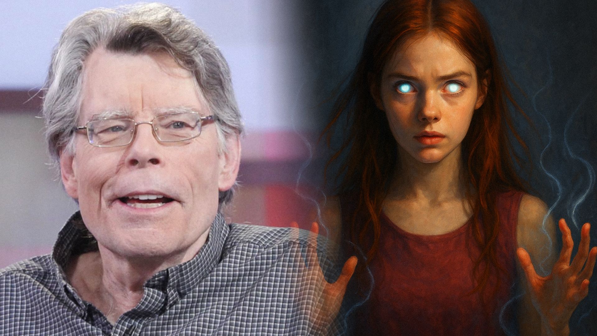 Lo scrittore Stephen King sorride con gli occhiali e una ragazza in un top rosso con occhi luminosi