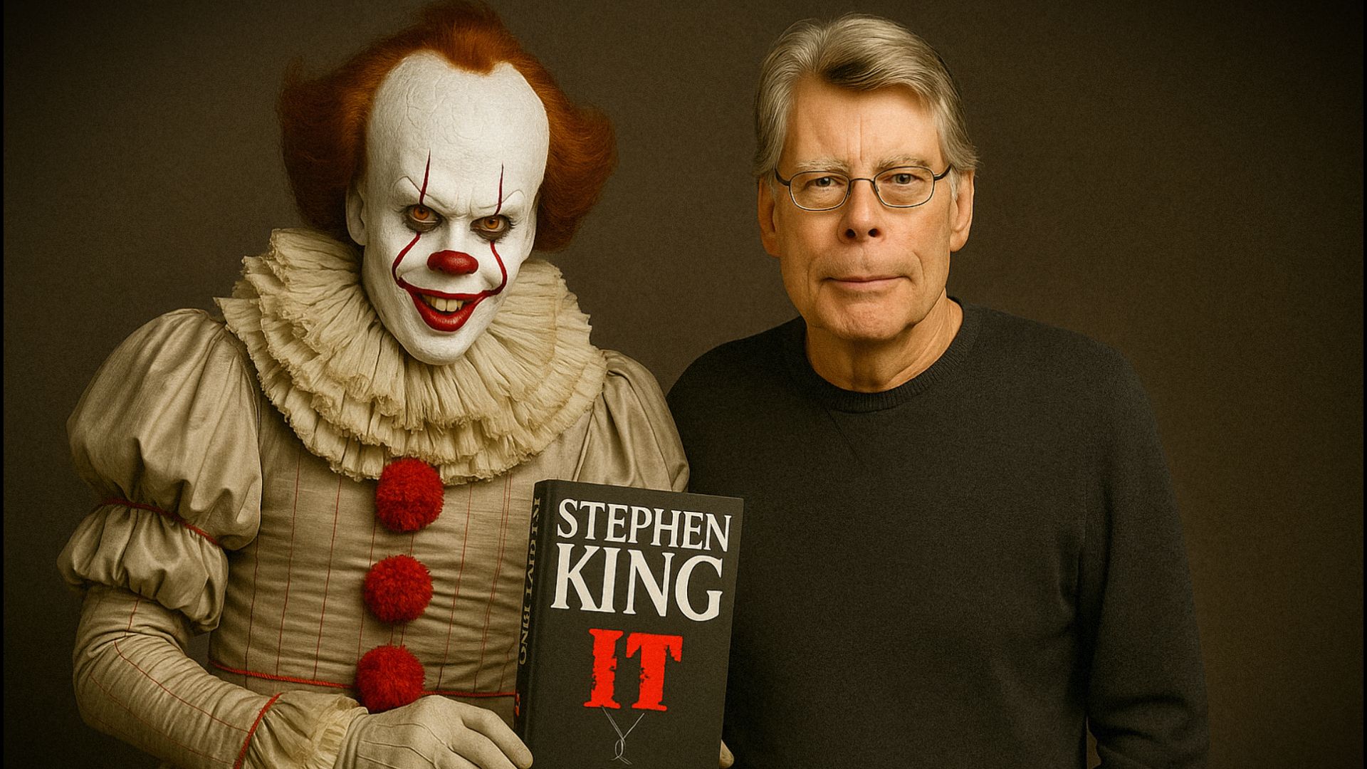 Un clown in costume bianco con bottoni rossi tiene un libro tra le mani, accanto a lui c'è lo scrittore Stephen King vestito di nero