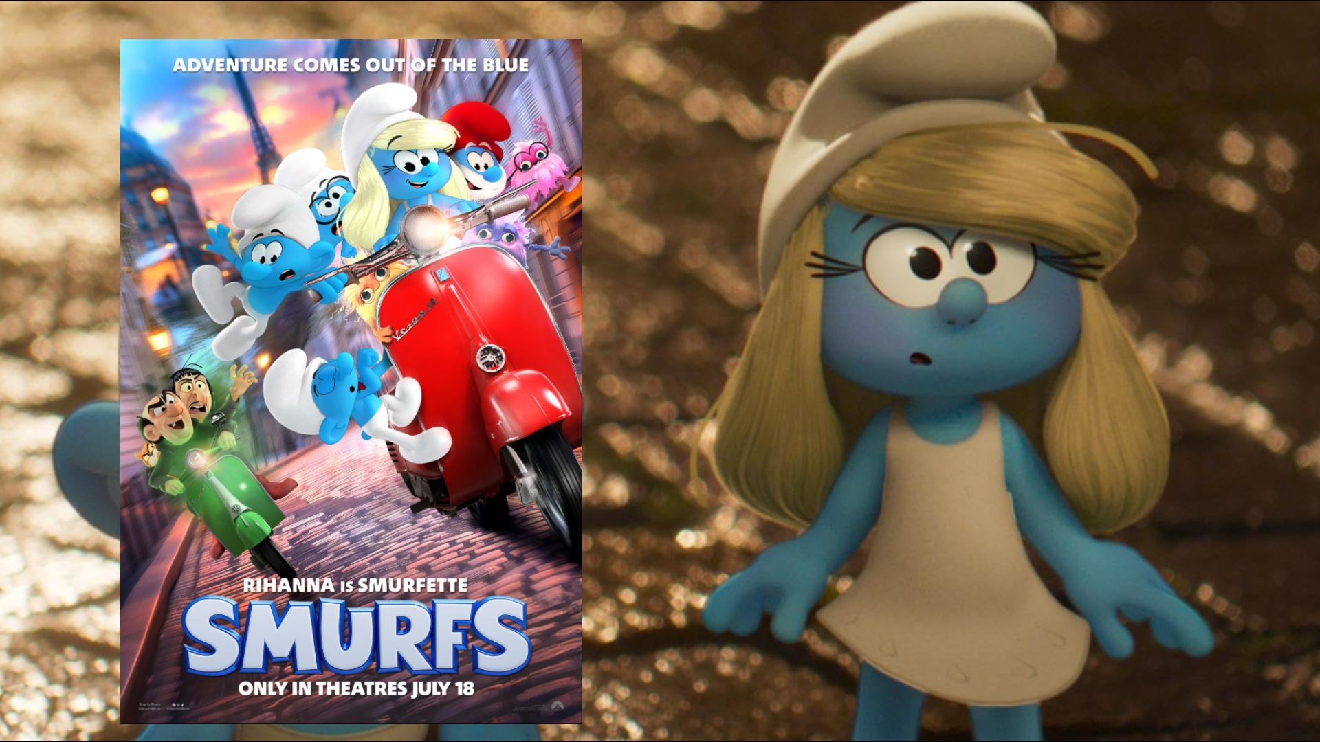 Una piccola creatura blu con un cappello bianco in testa, accanto a un poster del film che mostra creature simili su uno scooter