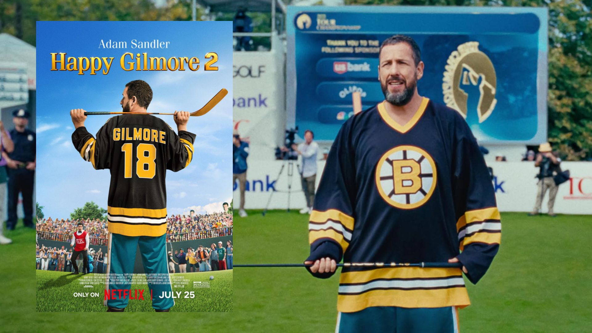 L'attore Adam Sandler con una mazza da golf in mano su un campo da golf, accanto a un poster del film che mostra l'attore di spalle