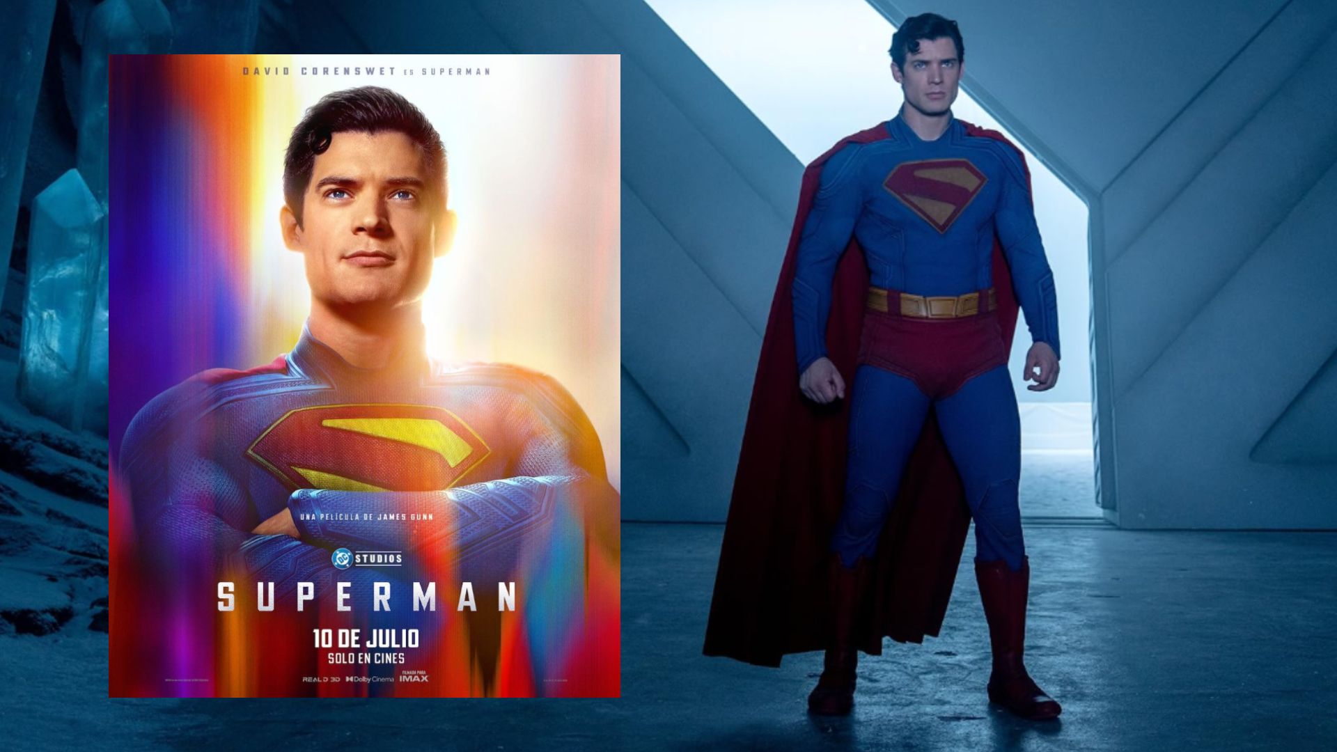 L'attore David Corenswet in costume da supereroe blu, accanto a un poster del film dove l'attore guarda la telecamera con le braccia incrociate sul petto