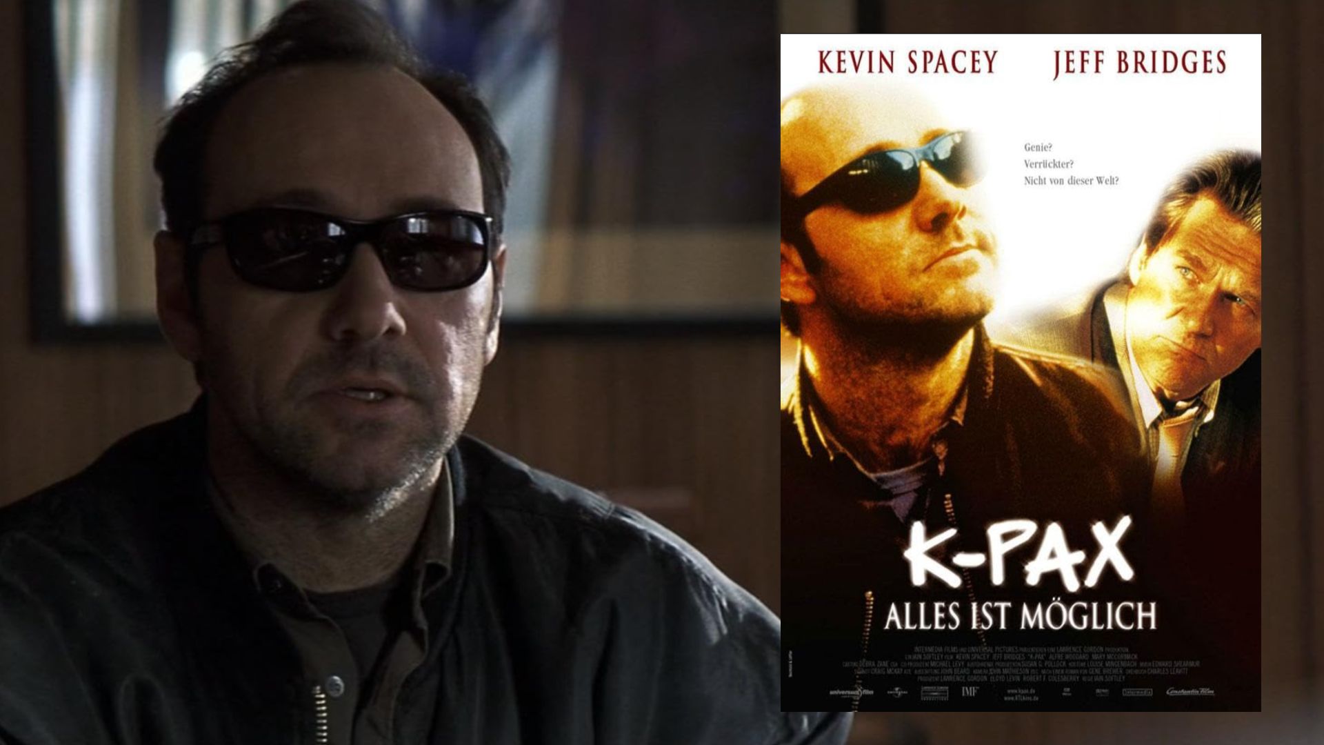 L'attore Kevin Spacey con occhiali e giacca scura, accanto a un poster del film che mostra l'attore insieme a Jeff Bridges