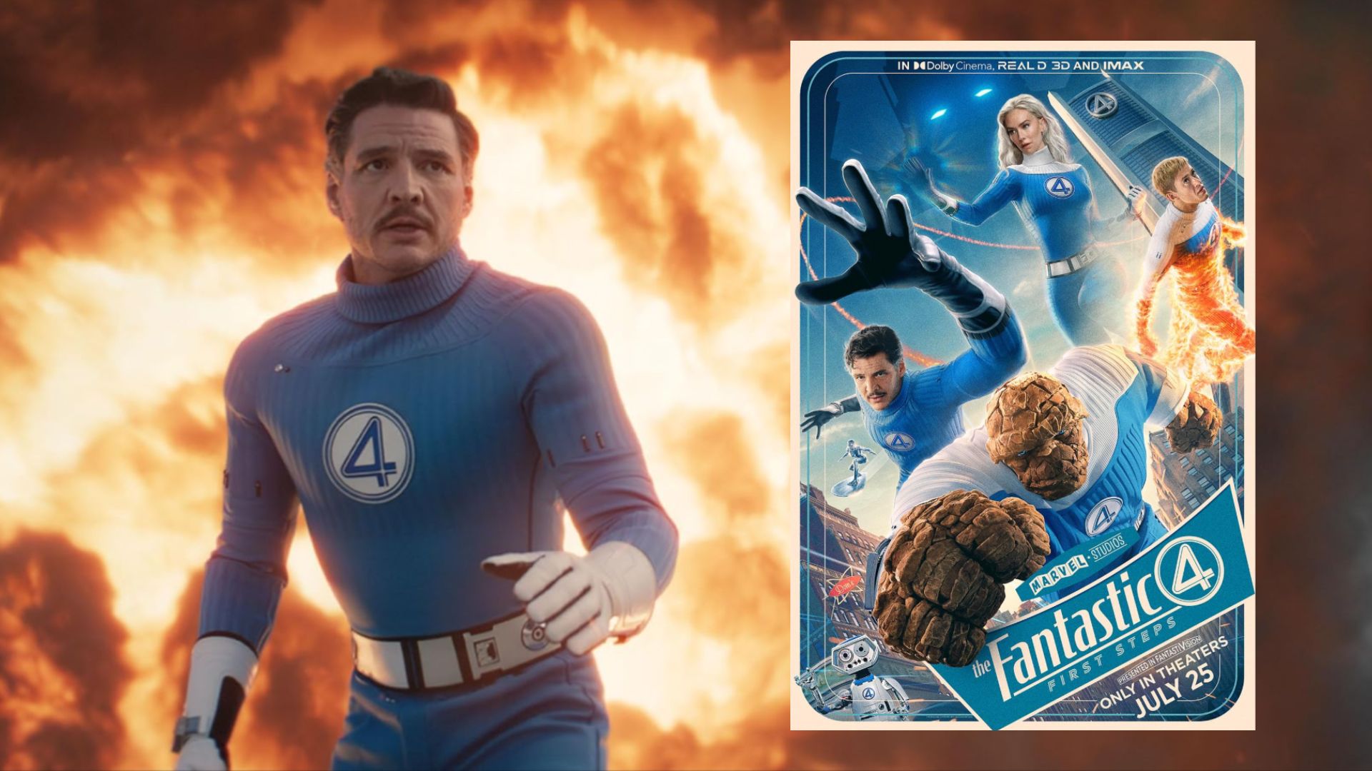 L'attore Pedro Pascal in costume da supereroe blu, accanto a un poster del film con quattro persone, una delle quali è fatta di pietra