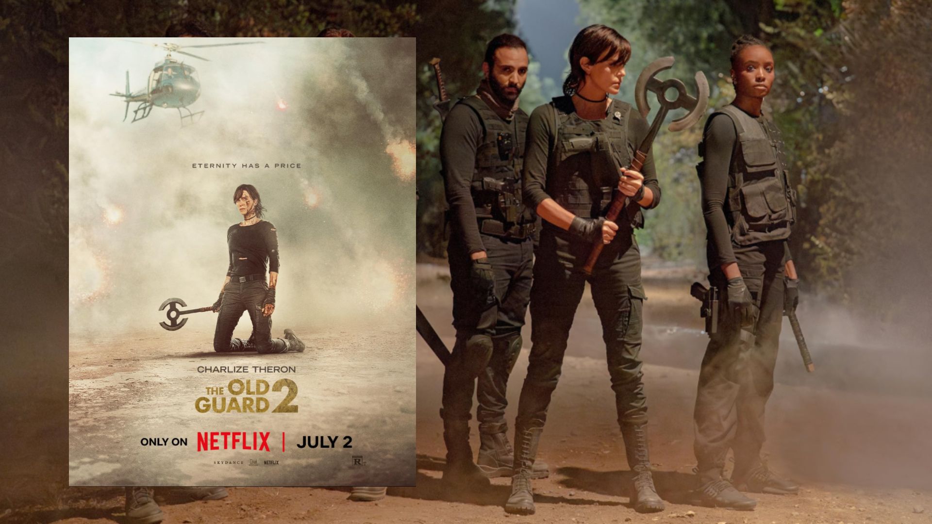 L'attrice Charlize Theron in abiti neri con un'ascia in mano, accanto a un poster del film che mostra l'attrice seduta sulla sabbia con un'ascia