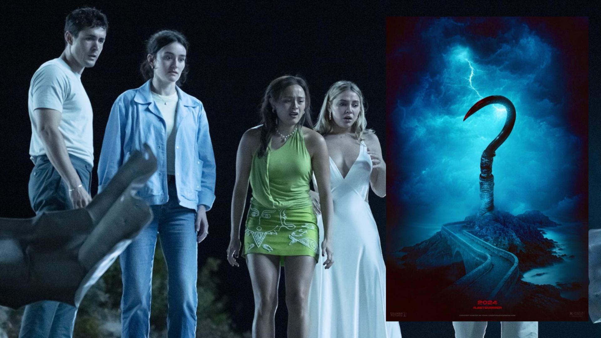 Due ragazzi e due ragazze in abiti normali che stanno spaventati, accanto a un poster del film con un gancio