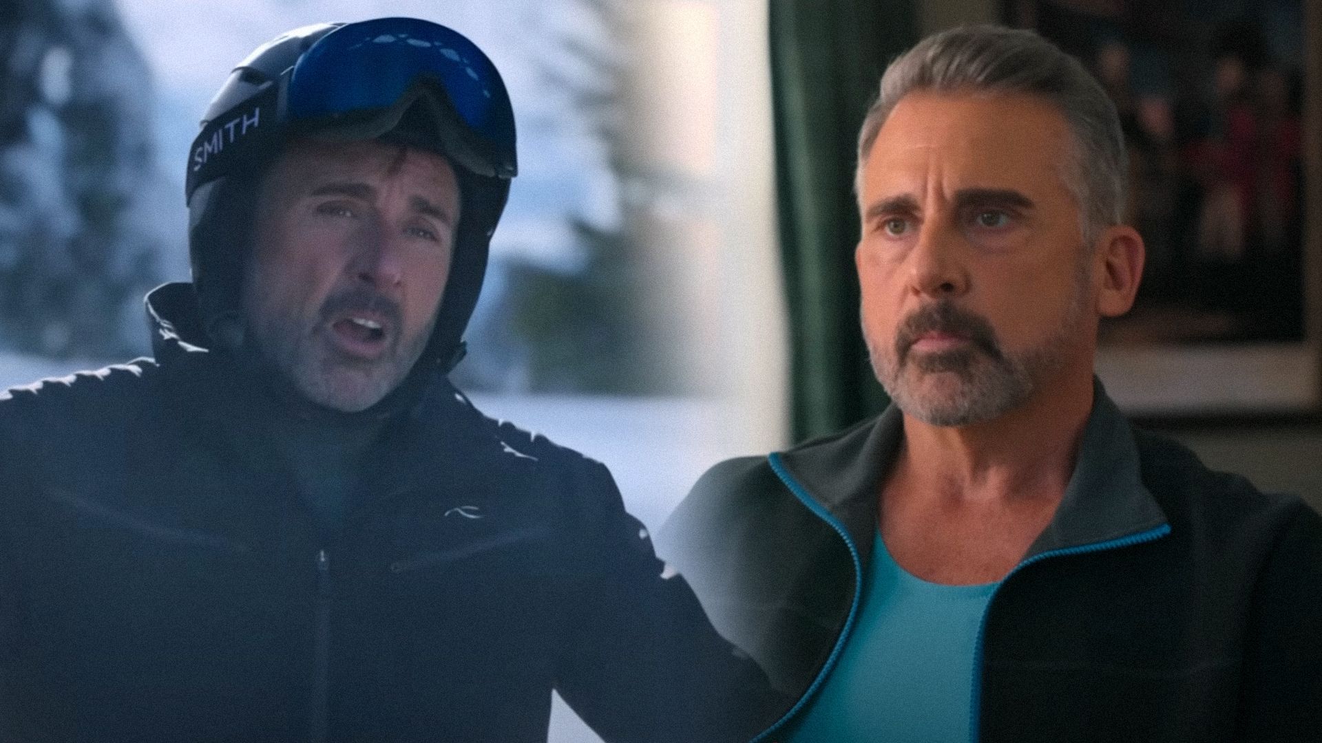 Attore Steve Carell in una tuta da sci circondato dalla neve