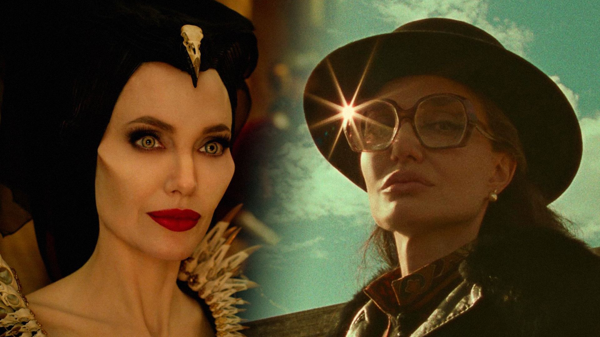Attrice Angelina Jolie con corna nere e un cappello a larga tesa con occhiali