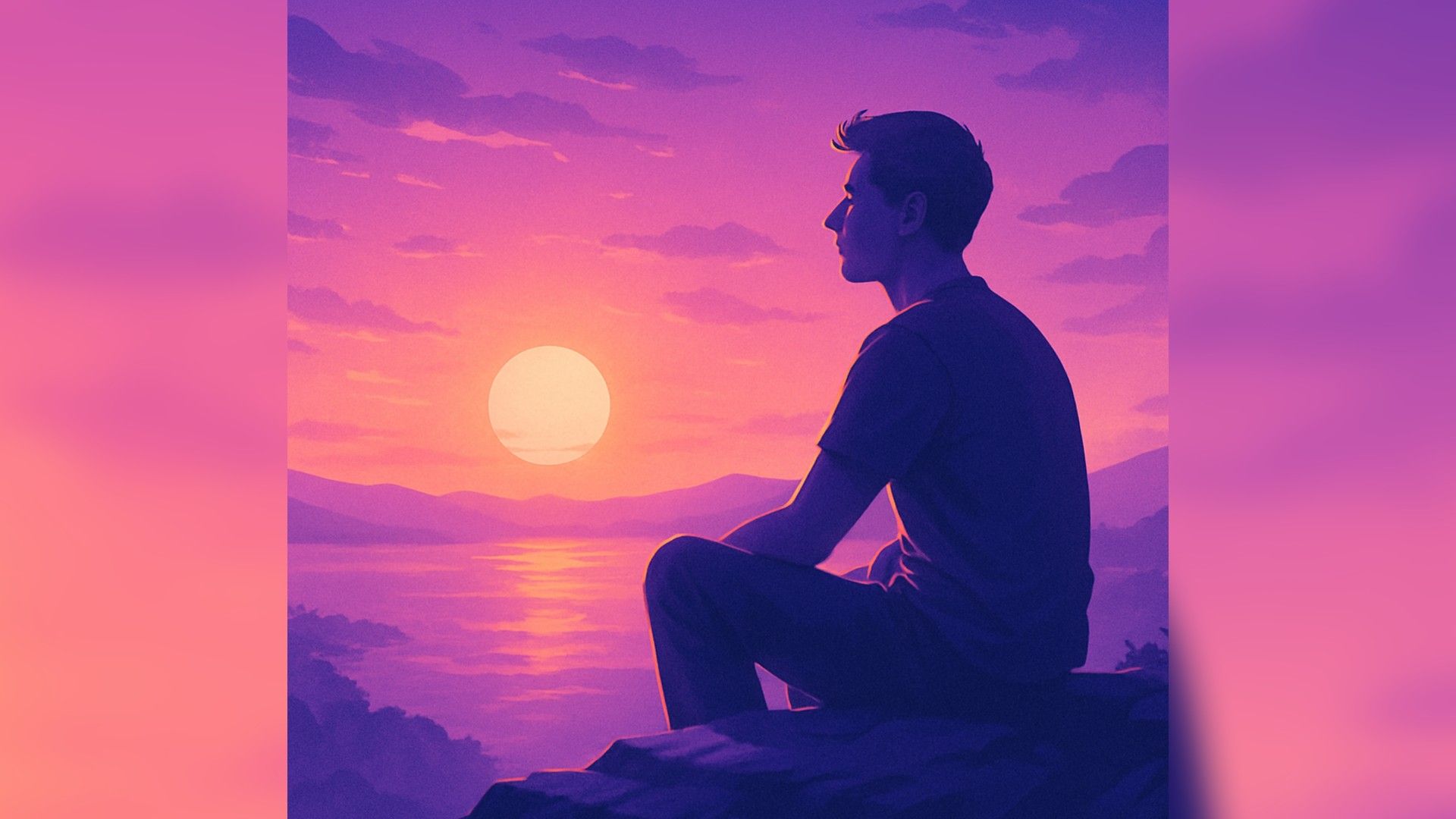 Solitudine al Tramonto — una persona siede su una scogliera, guarda il tramonto e prova una profonda pace interiore