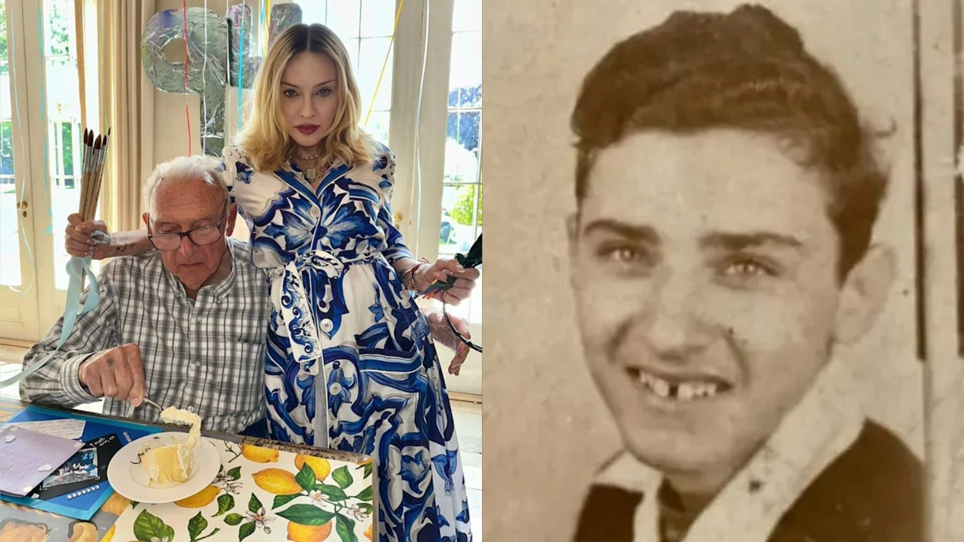 La cantante Madonna in un vestito blu accanto a suo padre Silvio, che siede al tavolo indossando occhiali