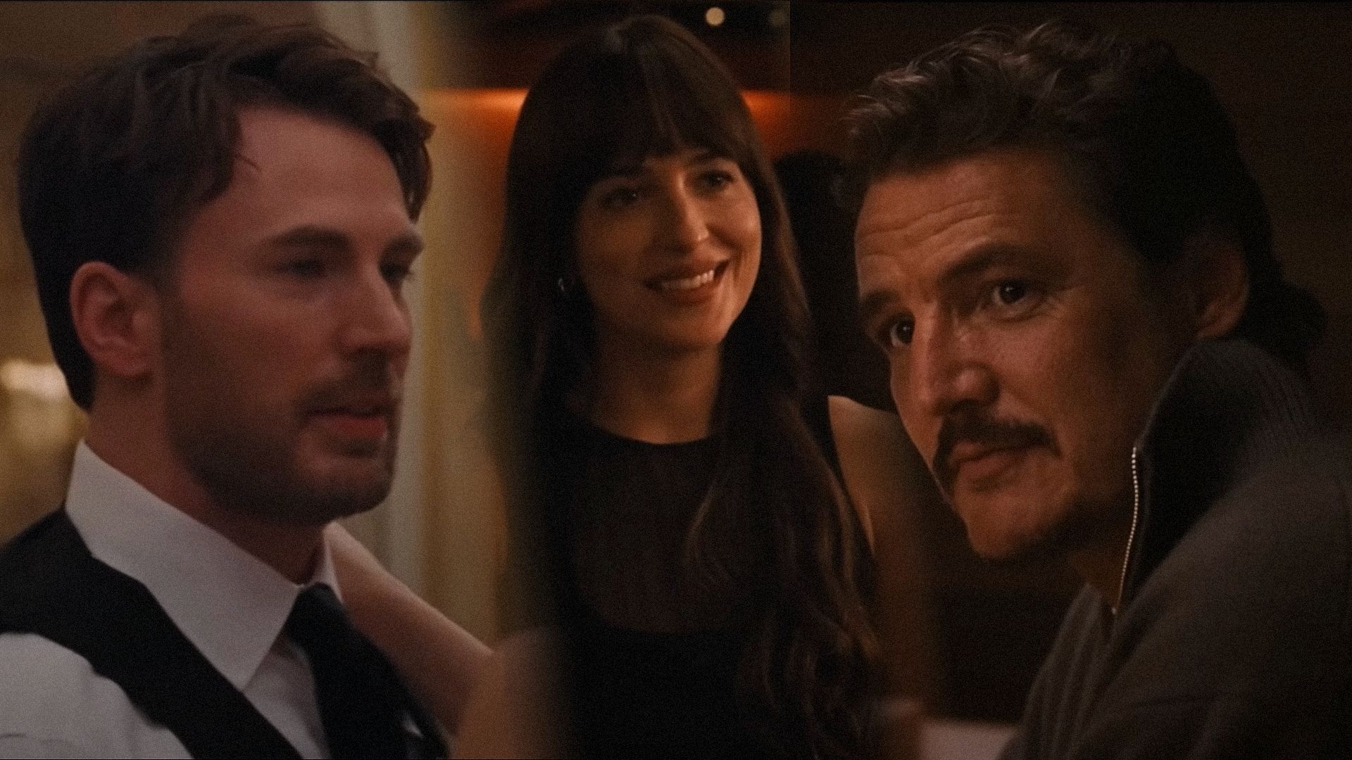 Gli attori Chris Evans in camicia bianca, Dakota Johnson in abito nero e Pedro Pascal in maglione grigio