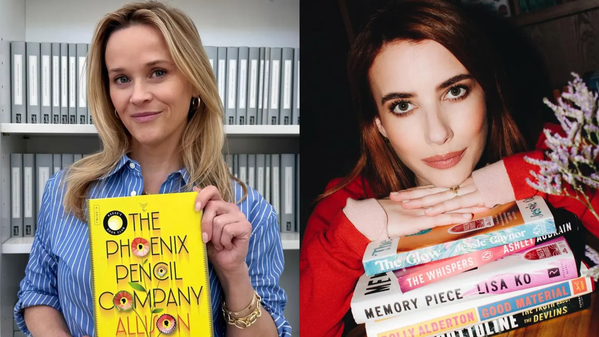 Le attrici Reese Witherspoon con un libro giallo e Emma Roberts con una pila di libri colorati