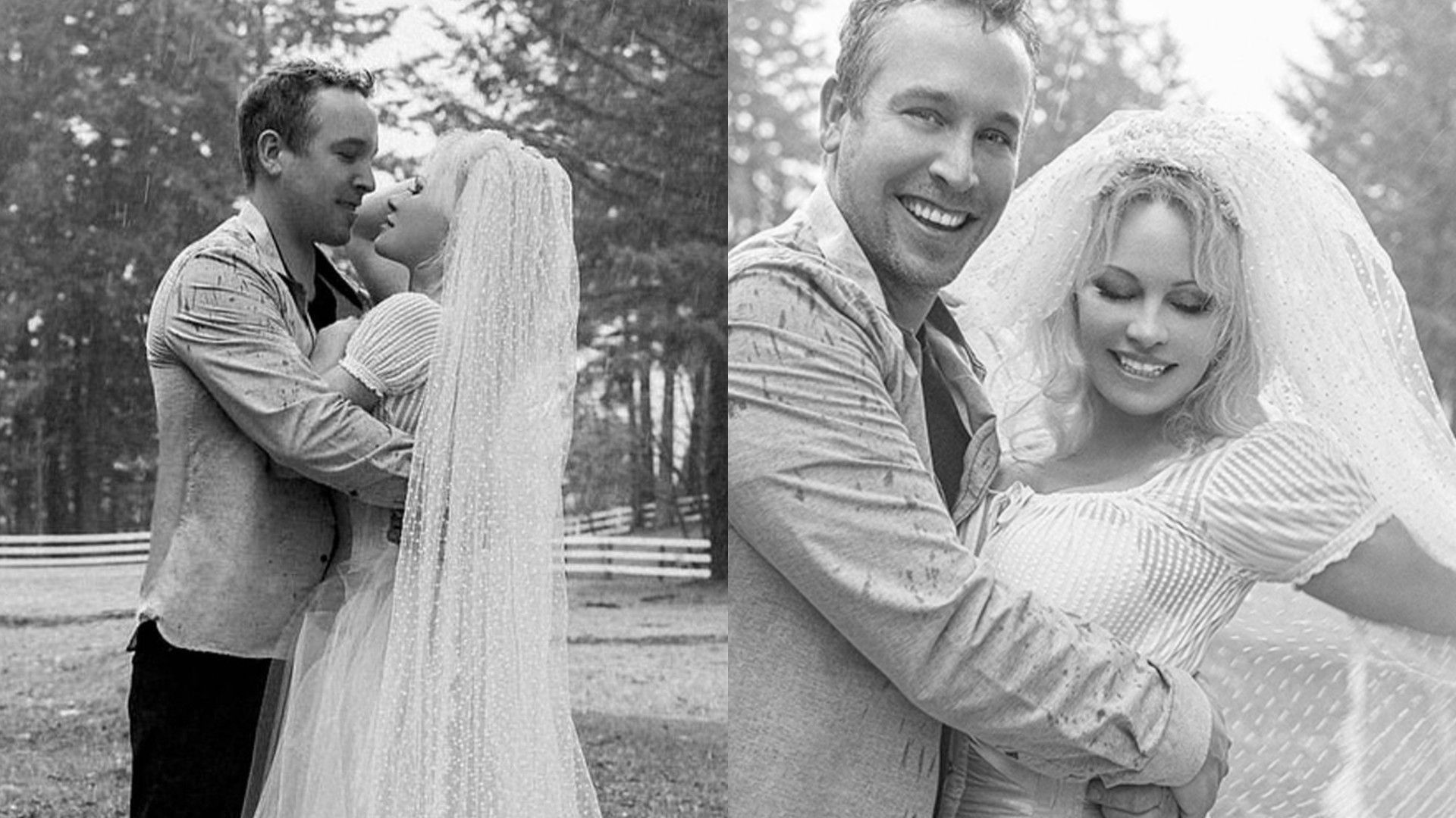 Pamela Anderson e Dan Hayhurst in abiti da sposa, collage di due foto in bianco e nero