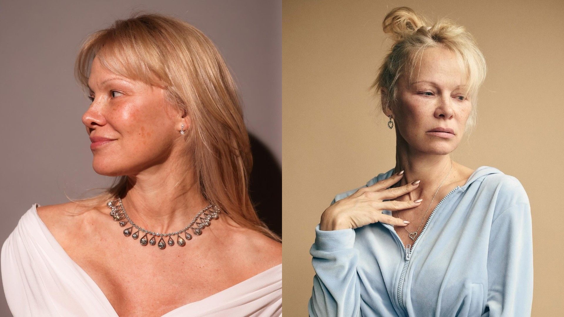 Pamela Anderson, collage di due foto, entrambe mostrano il ritratto dell'attrice senza trucco